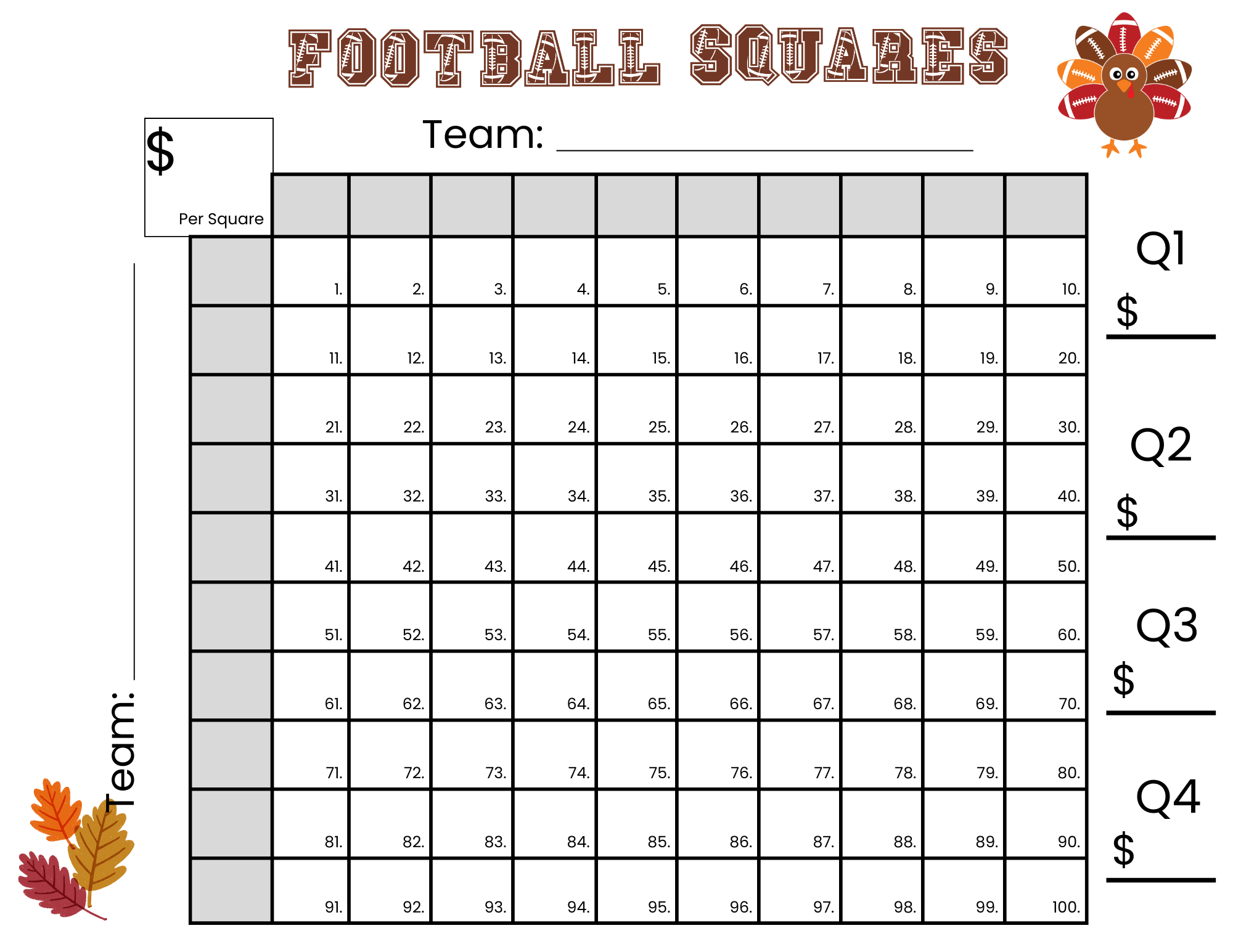 100 Thanksgiving Football Squares Game Printable inside Full Page Free Printable Football Squares 100