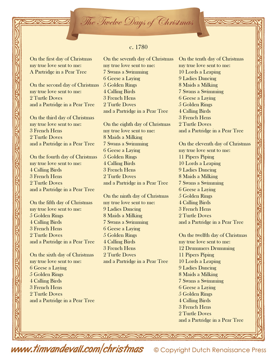 12 Days Of Christmas Lyrics Printable | Christmas Lyrics with Printable Lyrics to the Twelve Days of Christmas