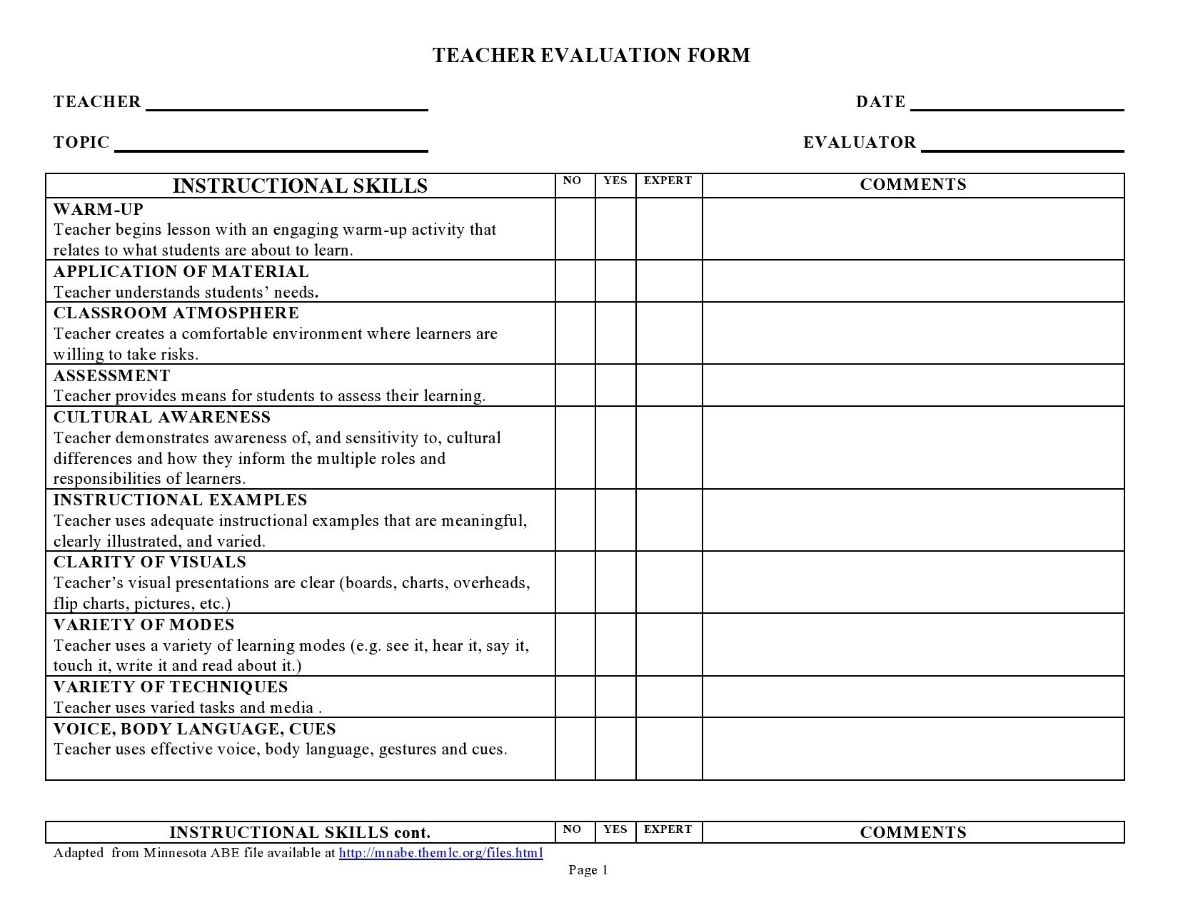 50 Printable Teacher Evaluation Forms [Free] ᐅ Templatelab inside Free Printable Child Care Staff Evaluation Form
