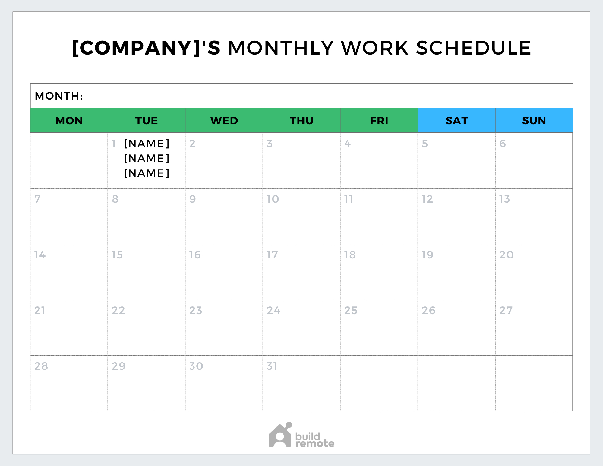6 Free Monthly Work Schedule Templates | Buildremote for Printable Monthly Work Schedule Template