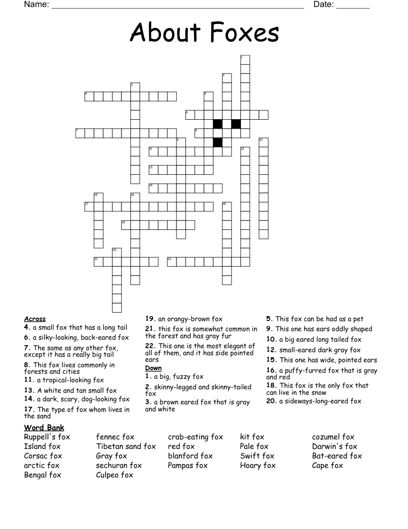 About Foxes Crossword - Wordmint with Fox Crossword Puzzle Today Printable