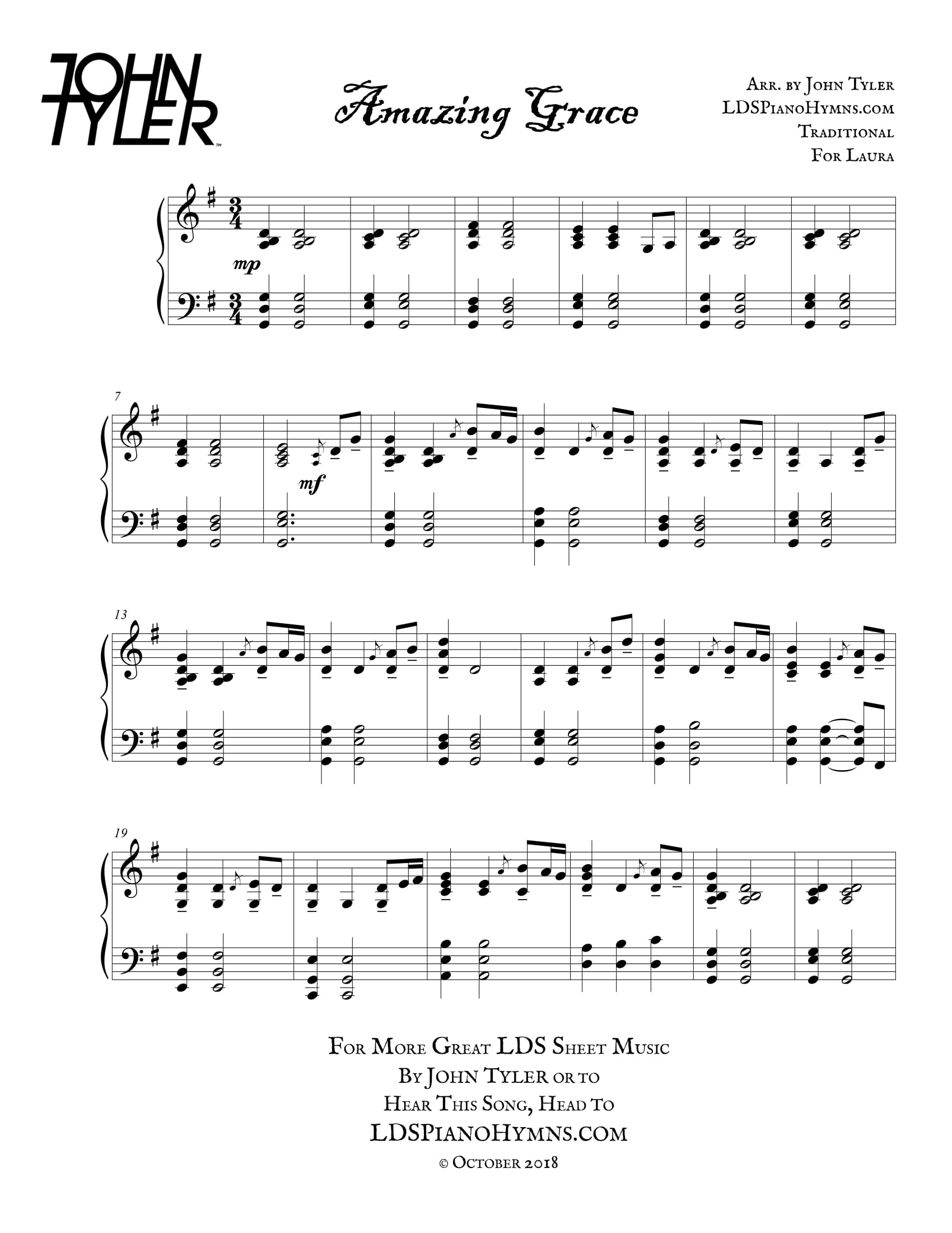 Amazing Grace - Free Lds Piano Solosjohn Tyler for Printable Amazing Grace Sheet Music