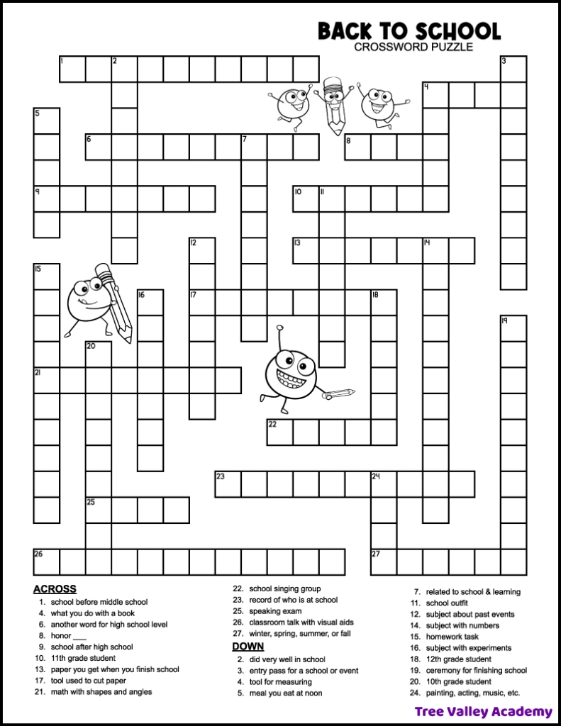 Back To School Crossword Middle School - Tree Valley Academy pertaining to Free Printable Sunday Crossword Puzzles