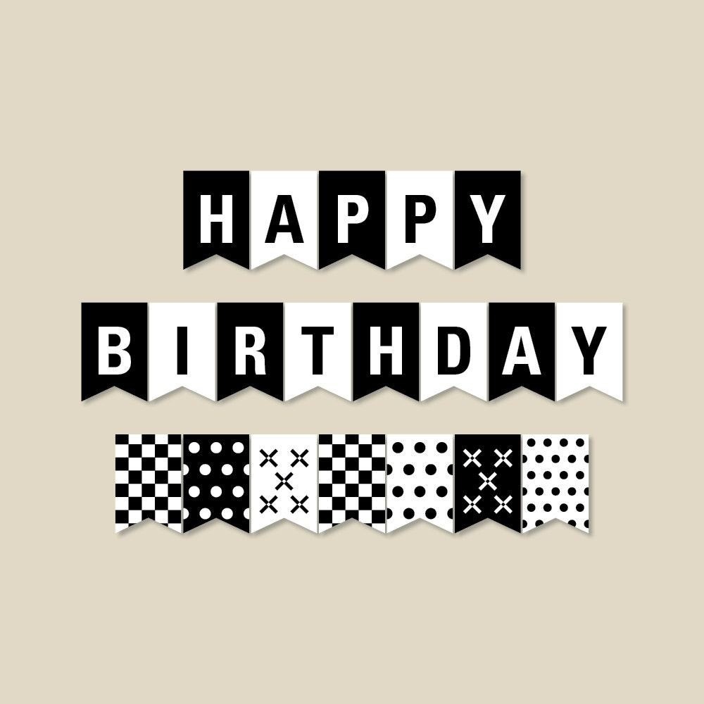 Black And White Birthday Banner, Birthday Party Decorations regarding Happy Birthday Banner Printable Black and White