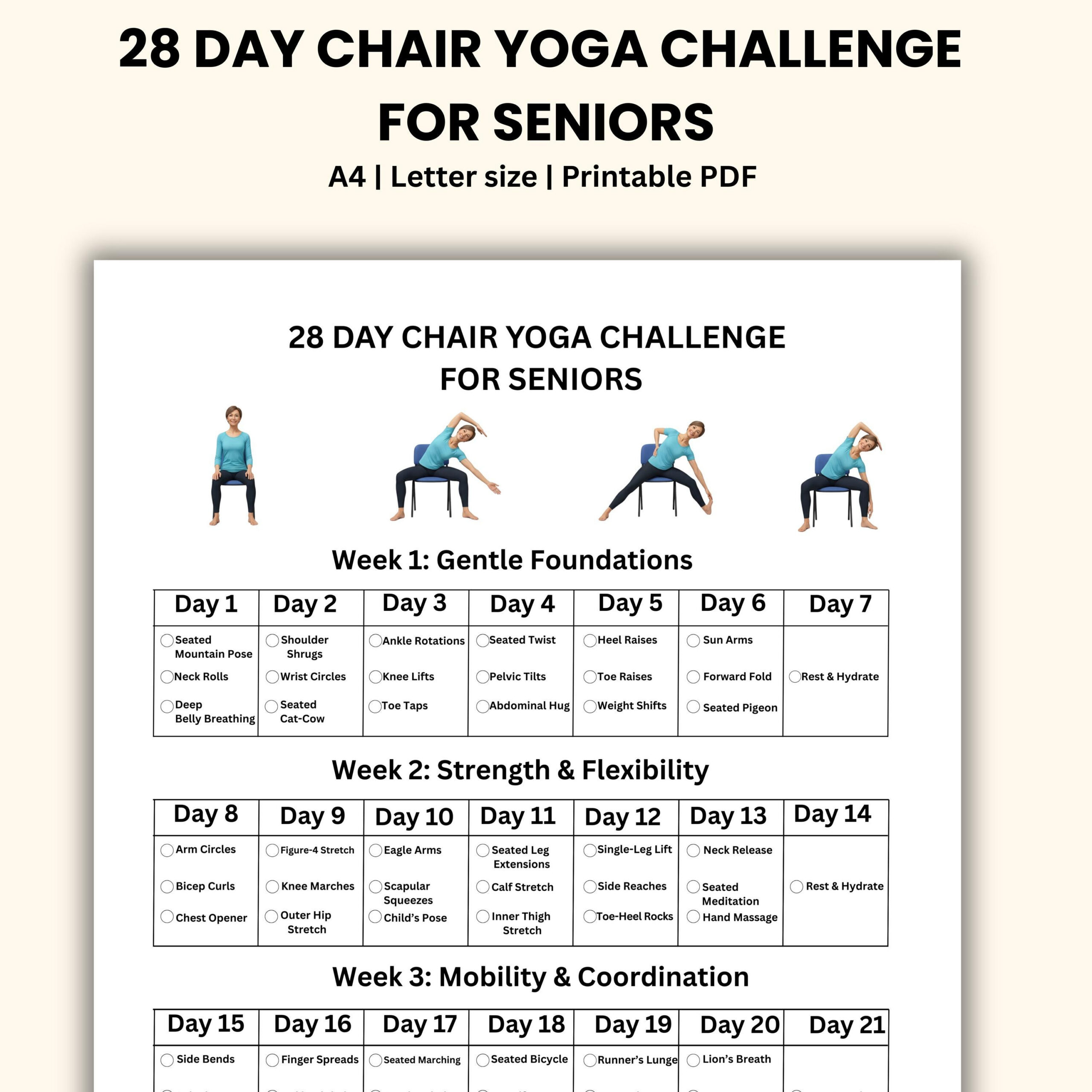 Chair Yoga Challenge: 28-Day Printable Guide For Seniors - Etsy regarding Printable 28 Day Chair Yoga