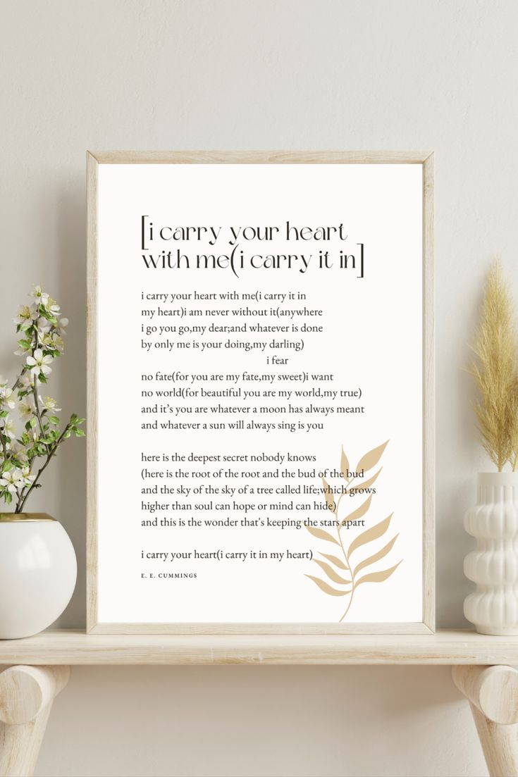 E.e. Cummings Poem I Carry Your Heart Poem Print Printable - Etsy pertaining to I Carry Your Heart Free Printable