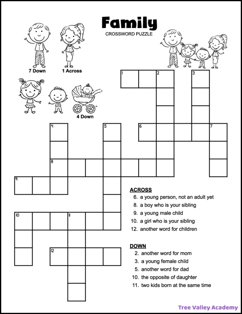 Easy Family Crossword Puzzle - Tree Valley Academy regarding Word Fill in Puzzles Printable Free