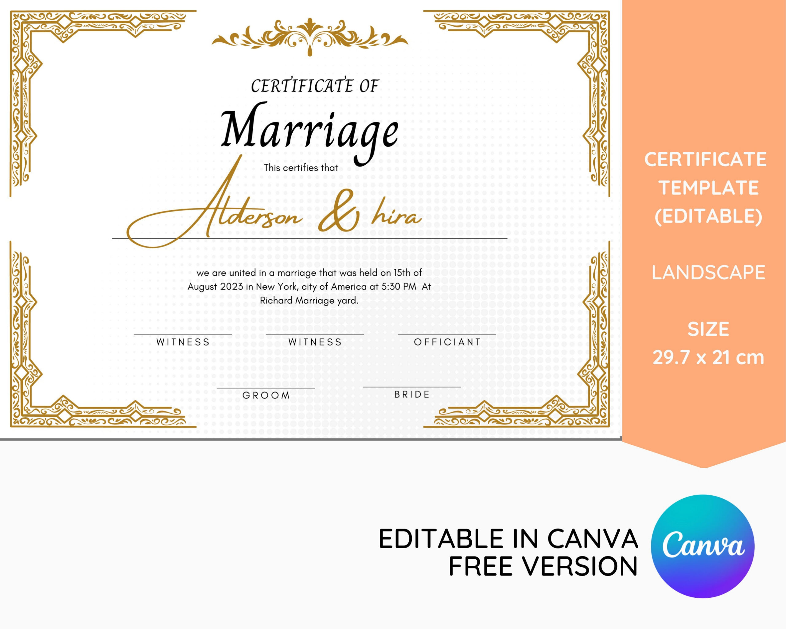 Editable Marriage Certificate Template, White Gold Design (Canva regarding Free Printable Blank Marriage Certificates