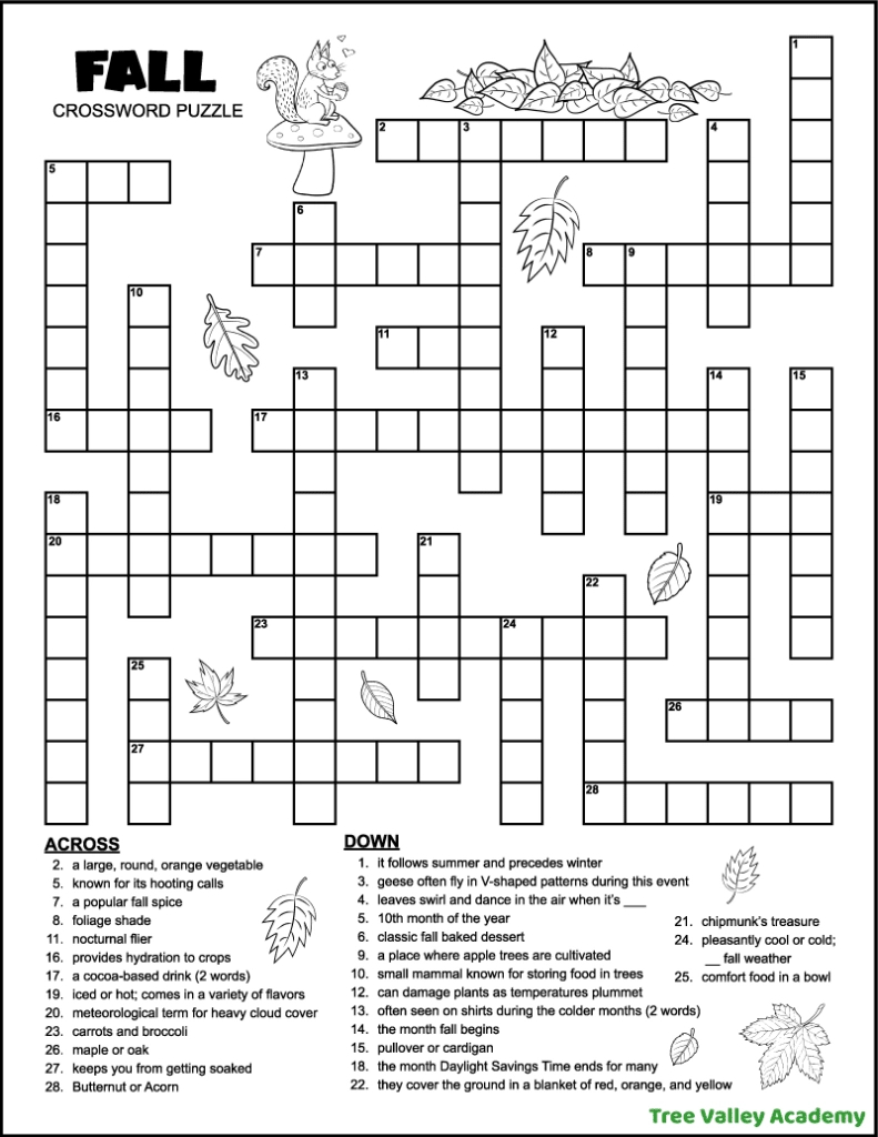 Fall Crossword Puzzle For Middle School - Tree Valley Academy inside Printable Crossword Puzzles For Teens