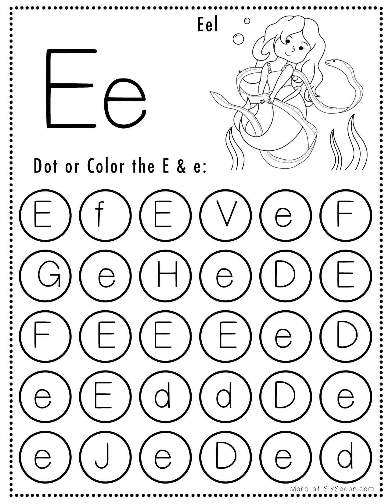 Free Alphabet Do A Dot Printables Worksheets - Letter E (Mermaid inside Free Printable Letter Recognition Worksheets
