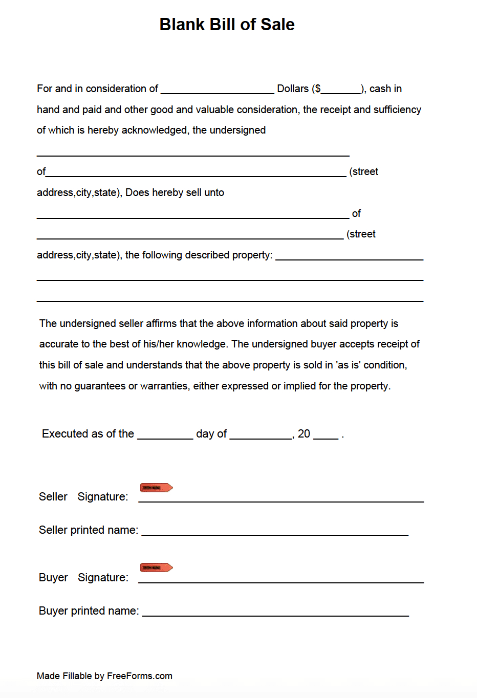 Free Blank Bill Of Sale Form | Pdf with regard to Printable General Bill of Sale