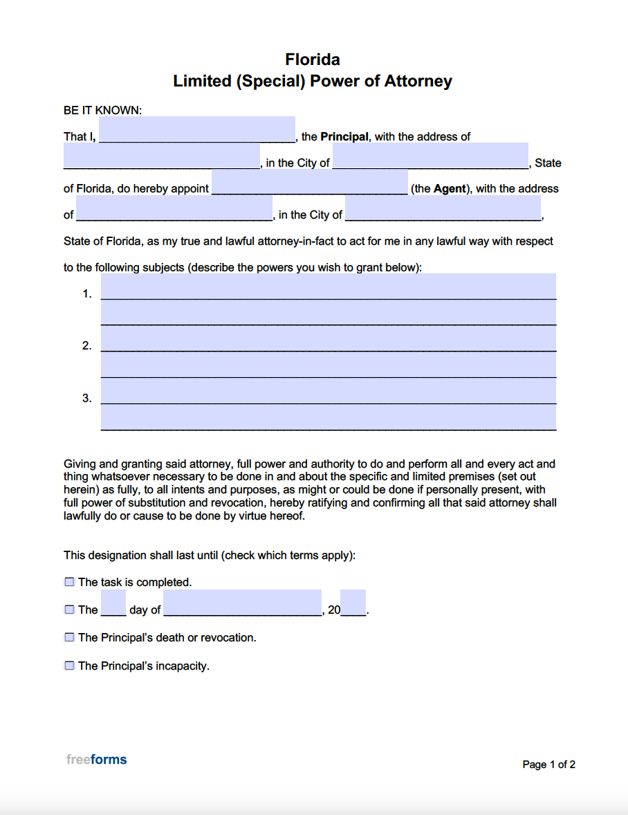Free Florida Limited (Special) Power Of Attorney Form | Pdf | Word intended for Free Printable Power of Attorney Form Florida