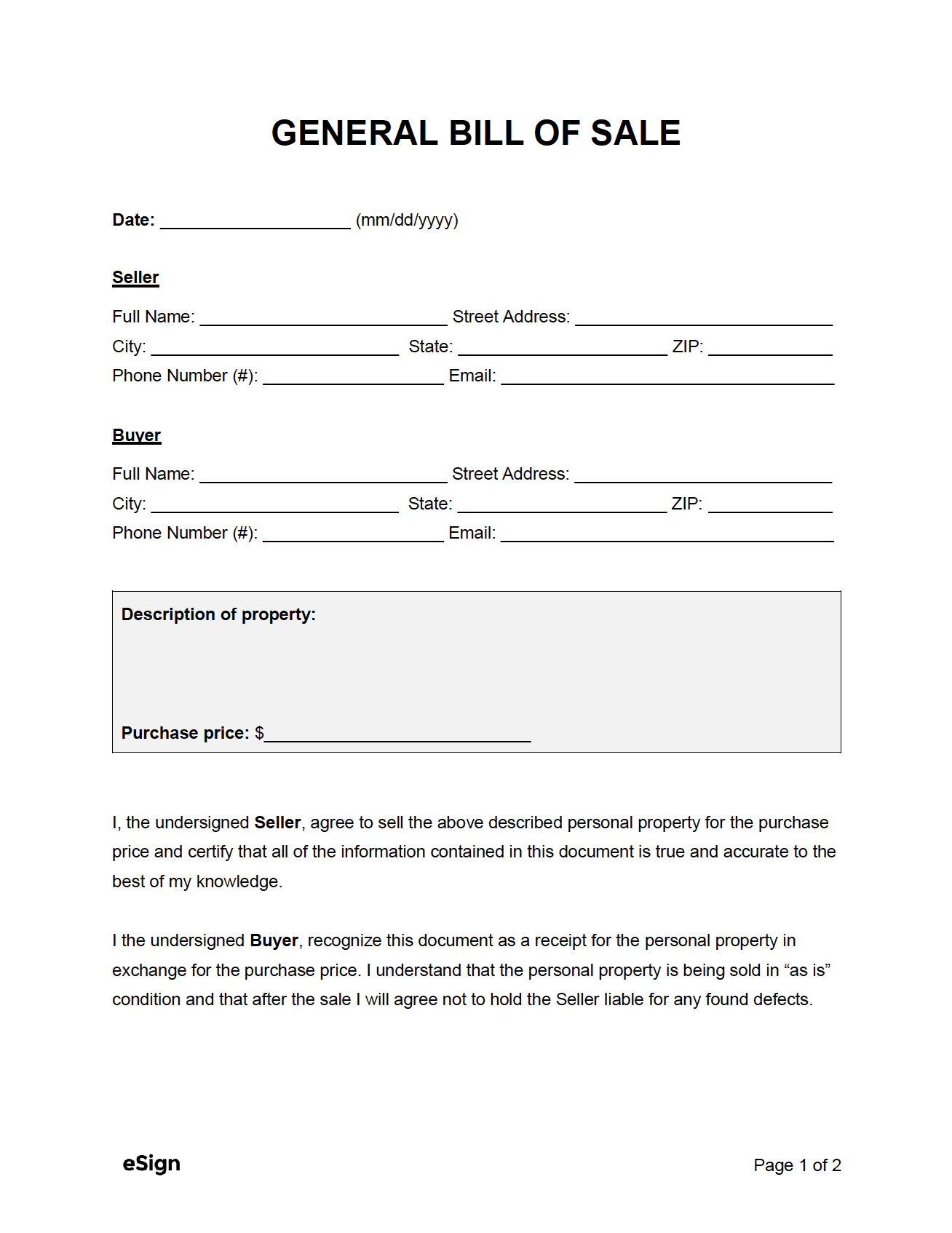 Free General Bill Of Sale Form | Pdf | Word inside Printable General Bill of Sale