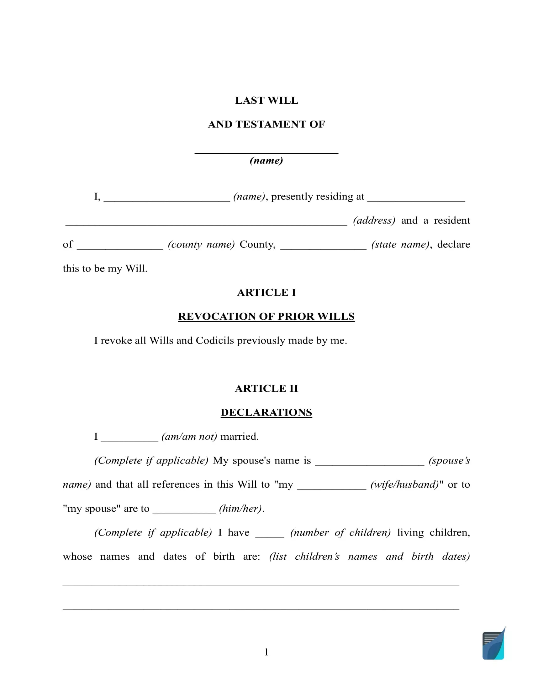 Free Last Will And Testament Template ⇒ Will Forms In Pdf And Doc pertaining to Free Printable Last Will And Testament