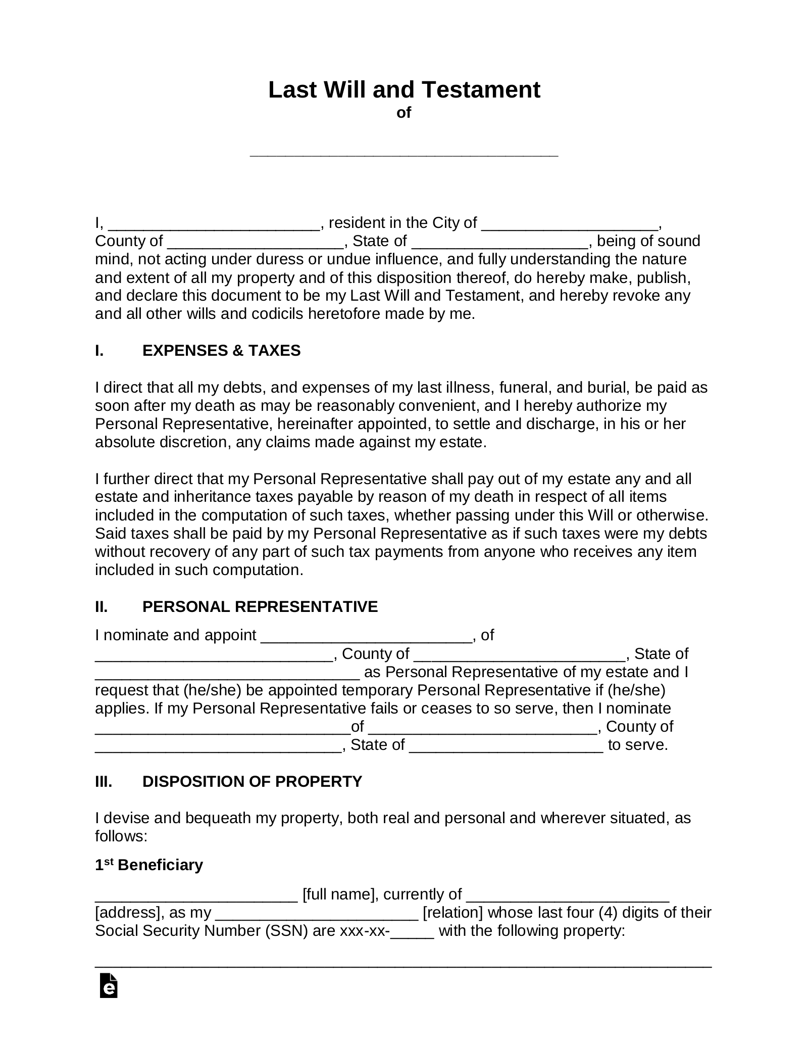 Free Last Will And Testament (Will) - Pdf | Word – Eforms throughout Free Printable Last Will And Testament