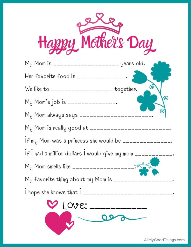 Free Mothers Day Questionnaire Printable - All My Good Things in Mother&amp;amp;#039;s Day Questionnaire Printable