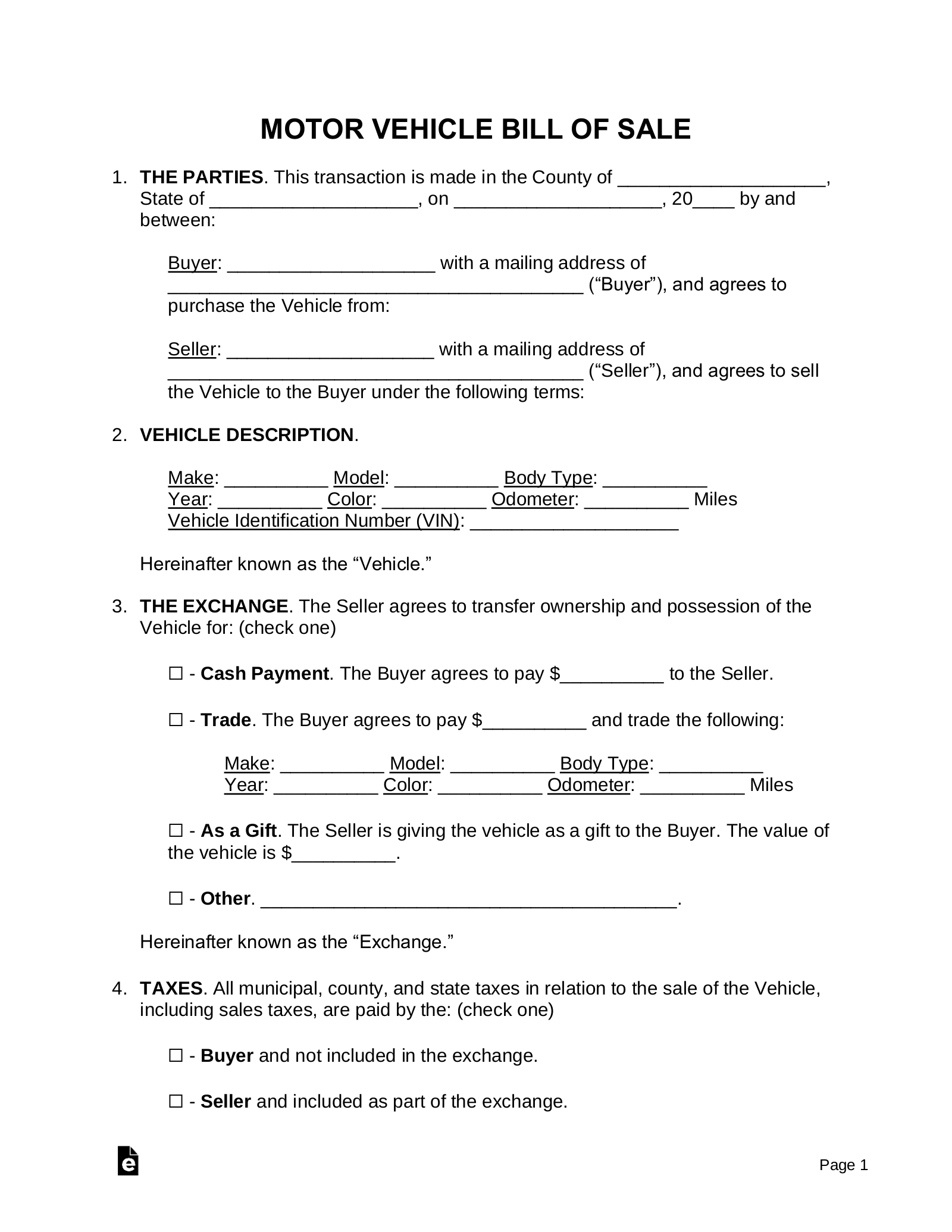 Free Motor Vehicle (Dmv) Bill Of Sale Form - Pdf | Word – Eforms inside Printable Bill Of Sale For Automobile