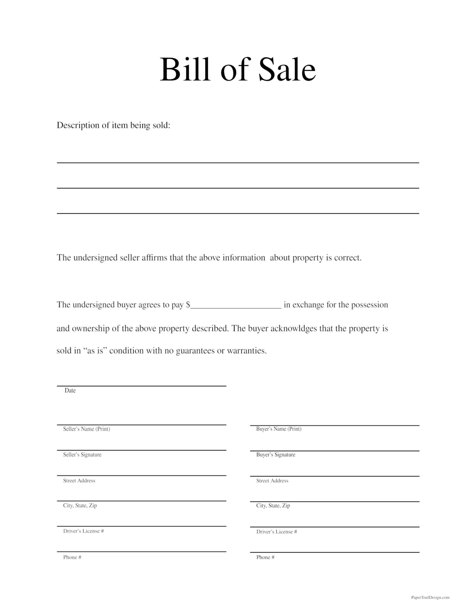 Free Printable Bill Of Sale Template - Paper Trail Design within Printable General Bill of Sale