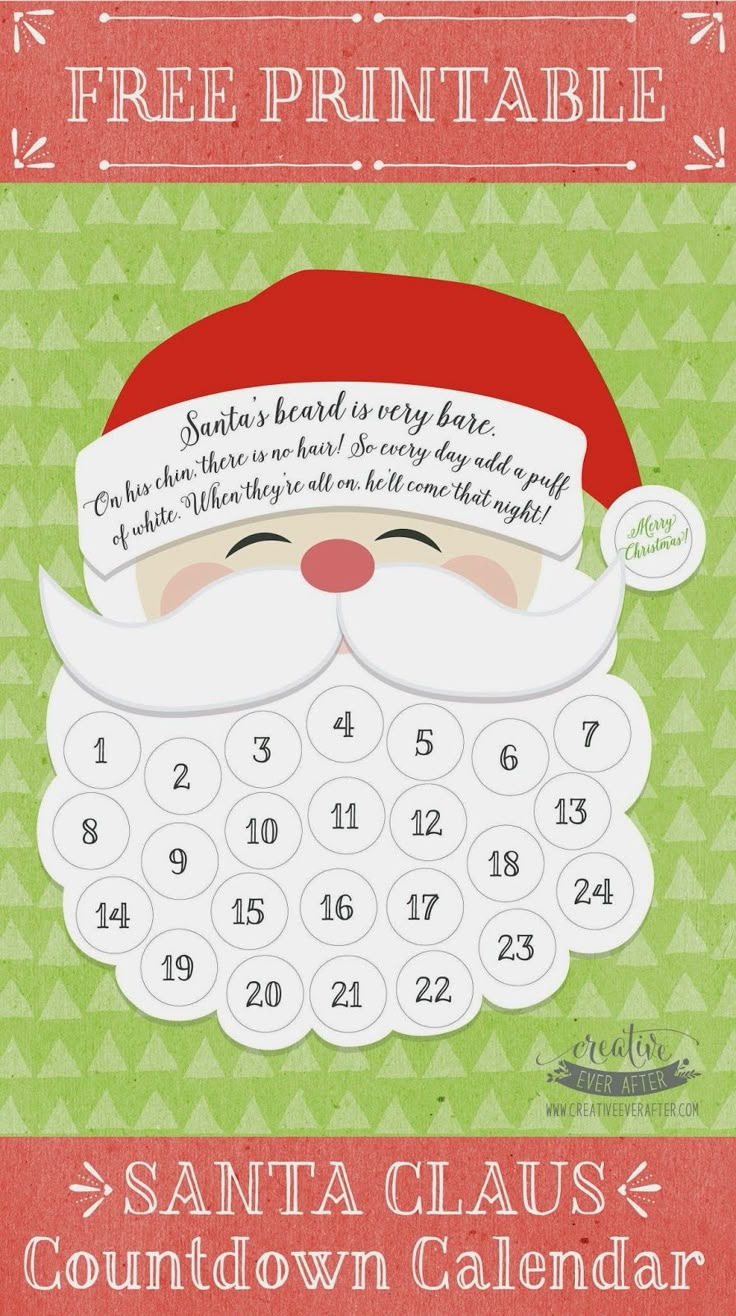 Free Printable} Santa Claus Beard Countdown Calendar in Free Printable Santa Beard Countdown
