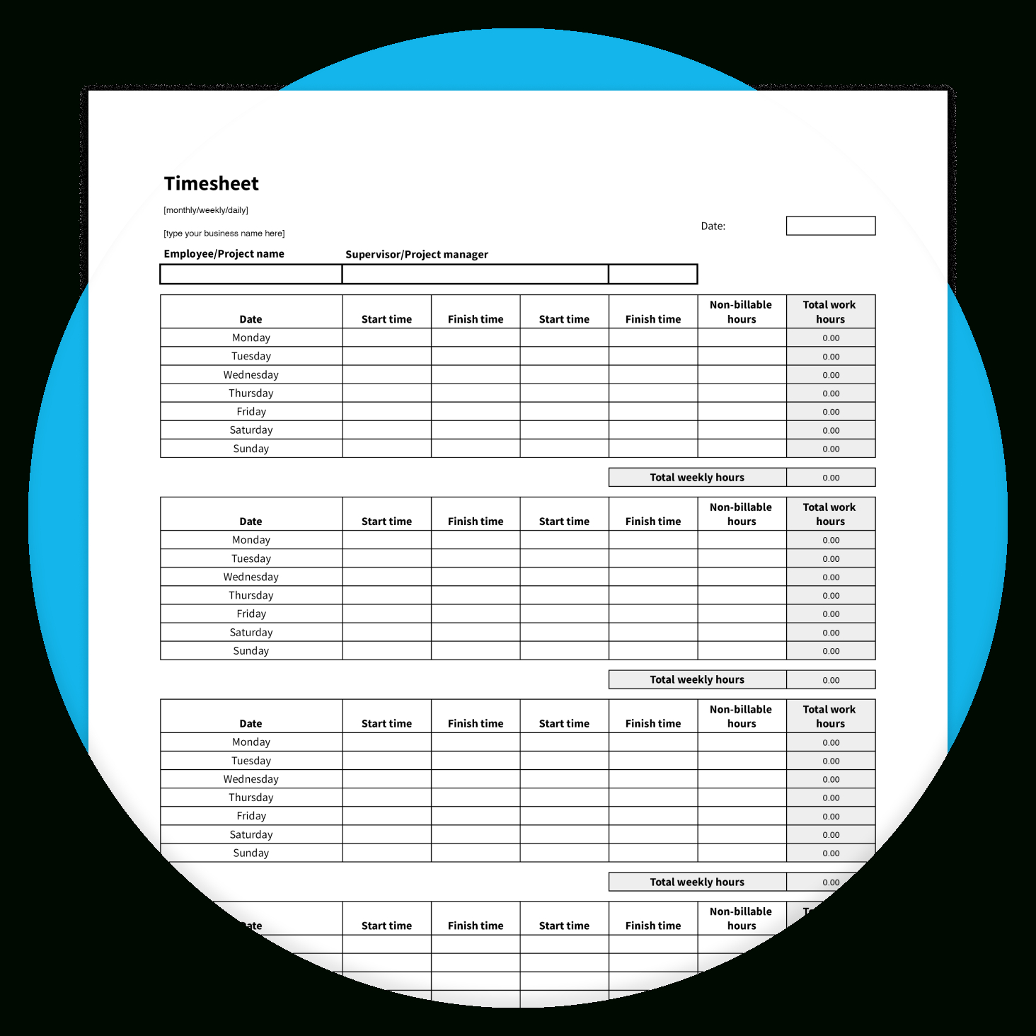 Free Printable Timesheet Template For Small Businesses | Xero Ca in Downloadable Free Printable Weekly Timesheet Template
