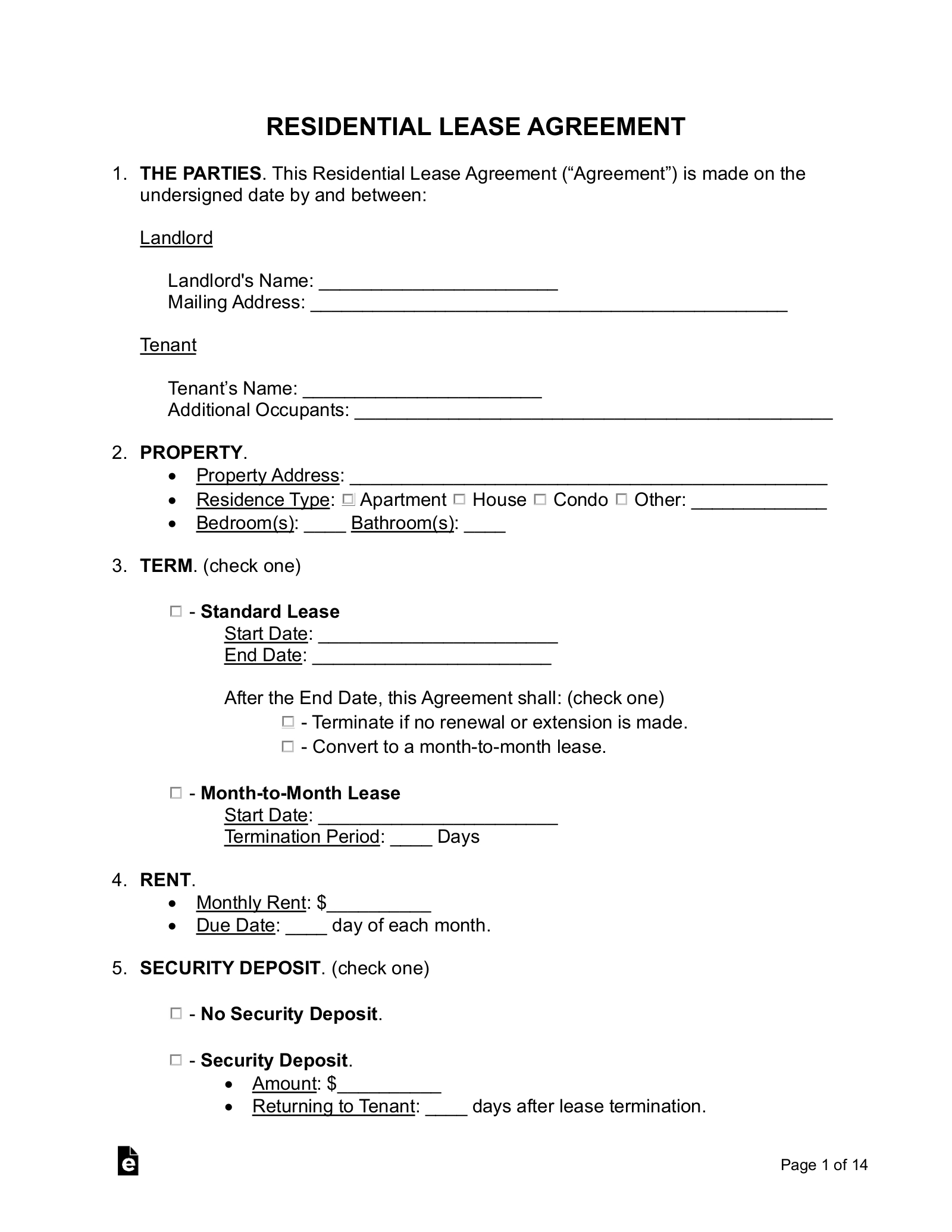 Free Rental / Lease Agreement Templates (15) - Pdf | Word – Eforms inside Printable Basic Short Rental Agreement