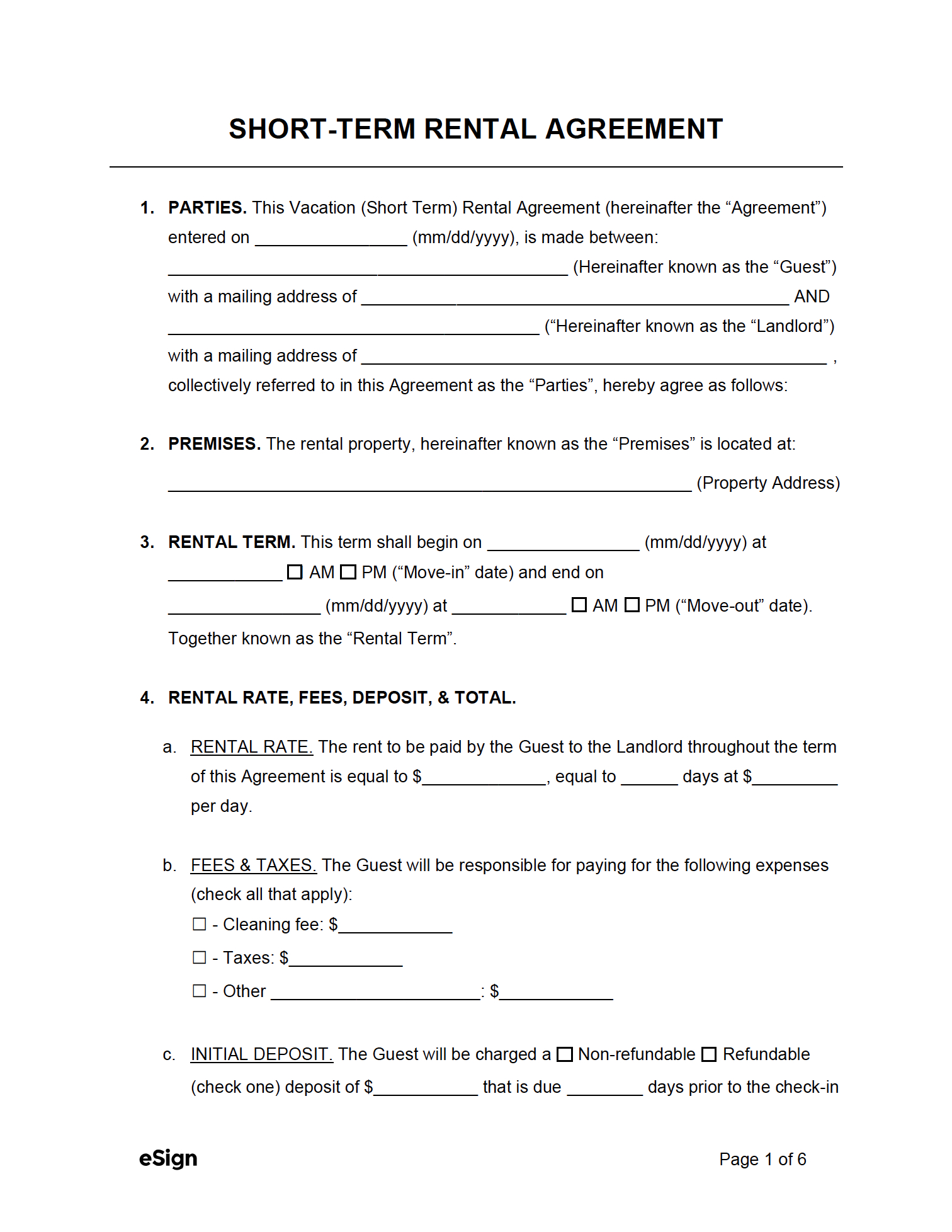Free Short-Term / Vacation Lease Agreement Template | Pdf | Word in Printable Basic Short Rental Agreement