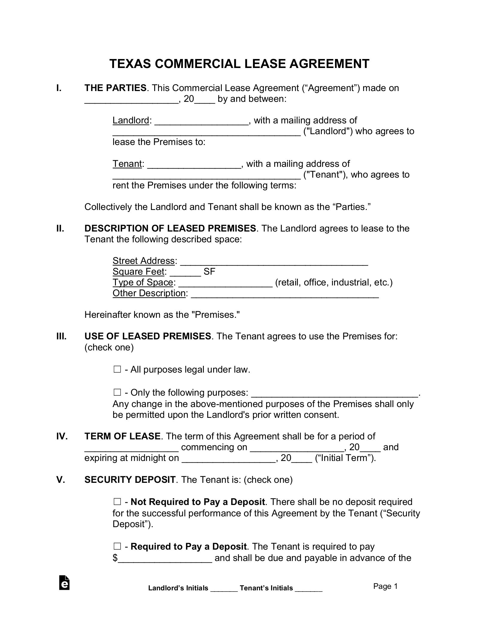 Free Texas Commercial Lease Agreement Template - Pdf | Word – Eforms inside Printable Commercial Lease Agreement
