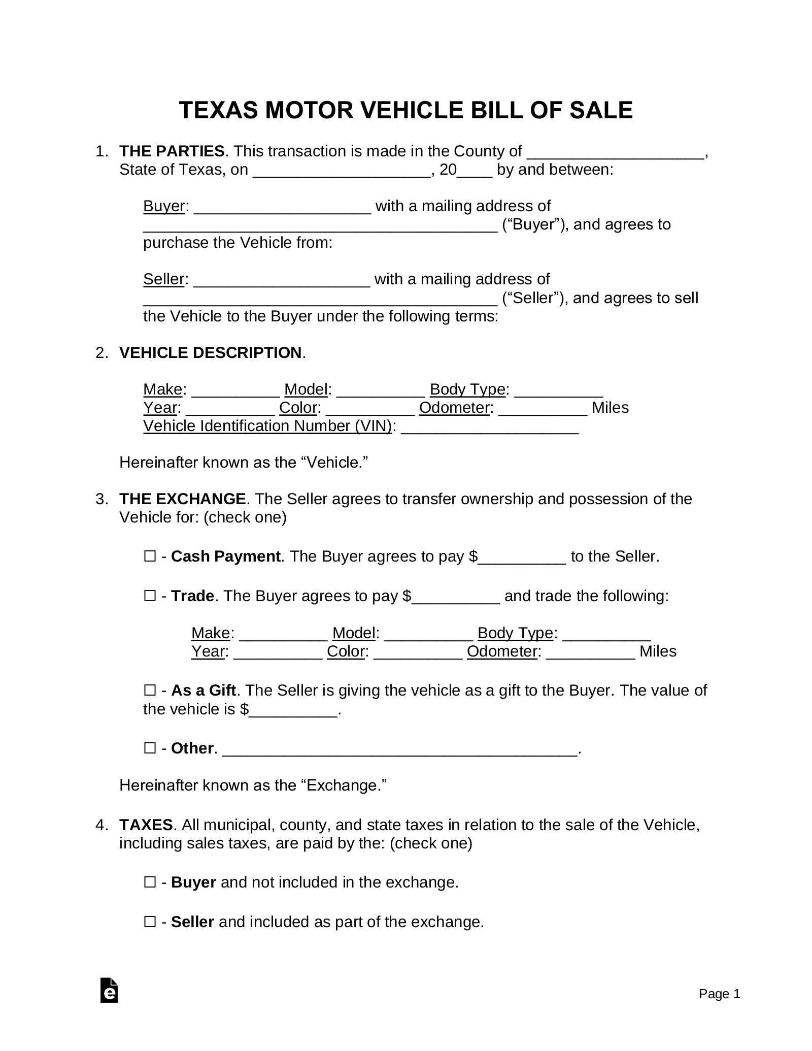 Free Texas Motor Vehicle Bill Of Sale Form - Pdf | Word – Eforms with Printable Vehicle Bill of Sale Texas