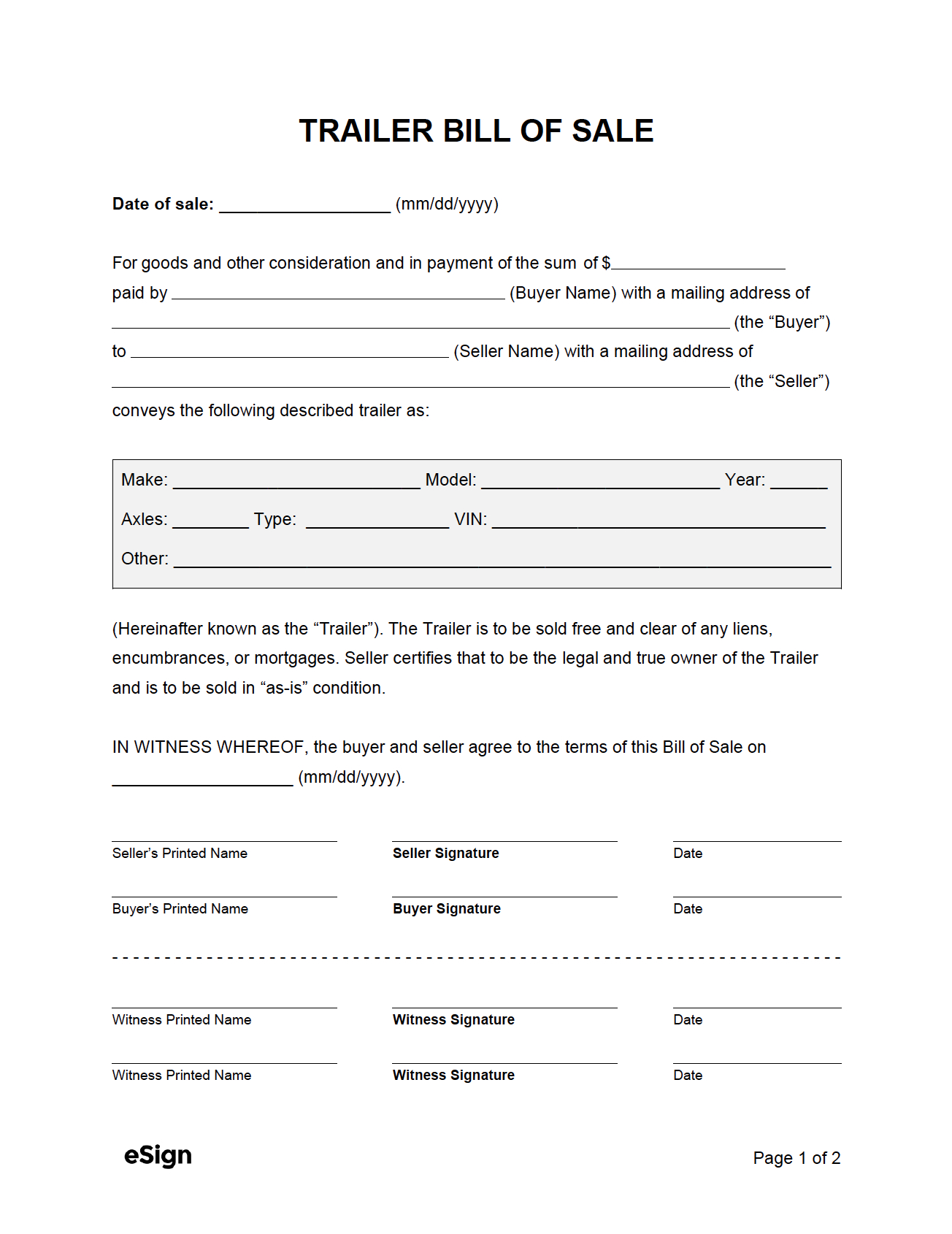 Free Trailer Bill Of Sale Form | Pdf | Word intended for Free Printable Bill of Sale For Trailer