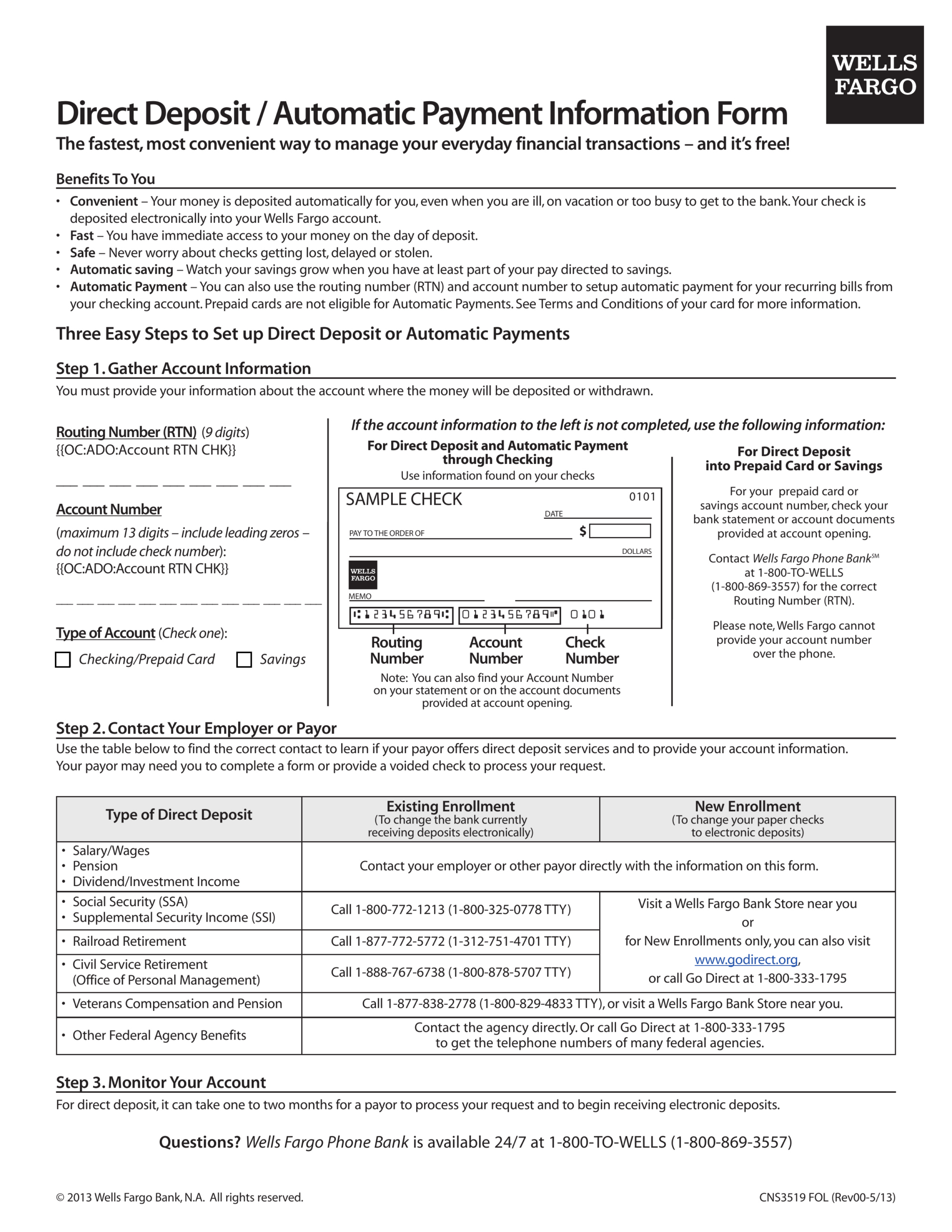 Free Wells Fargo Direct Deposit Form - Pdf – Eforms for Wells Fargo Deposit Slip Printable