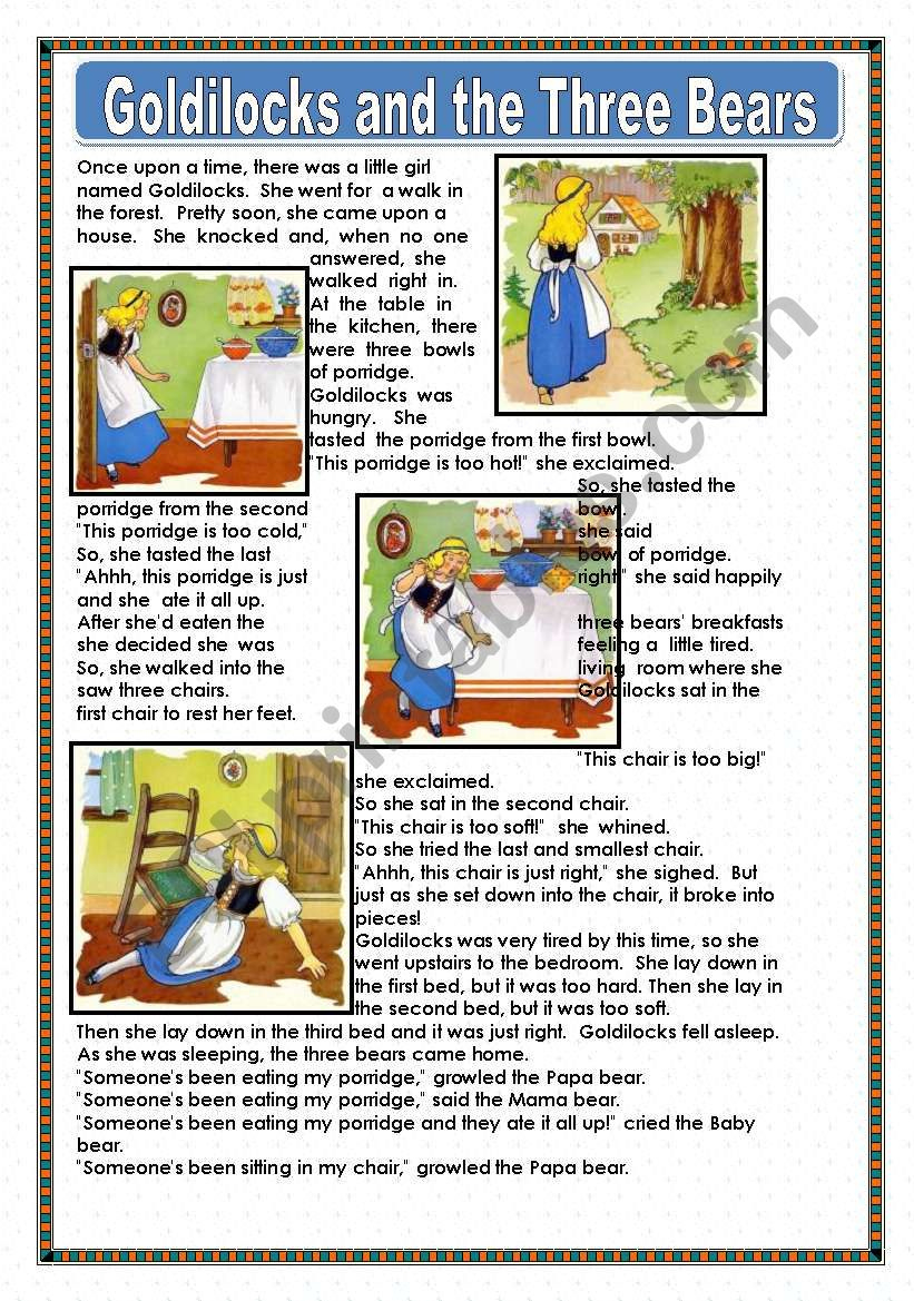 Goldilocks And The Three Bears - Esl Worksheetmacomabi in Goldilocks and the Three Bears Short Story Printable