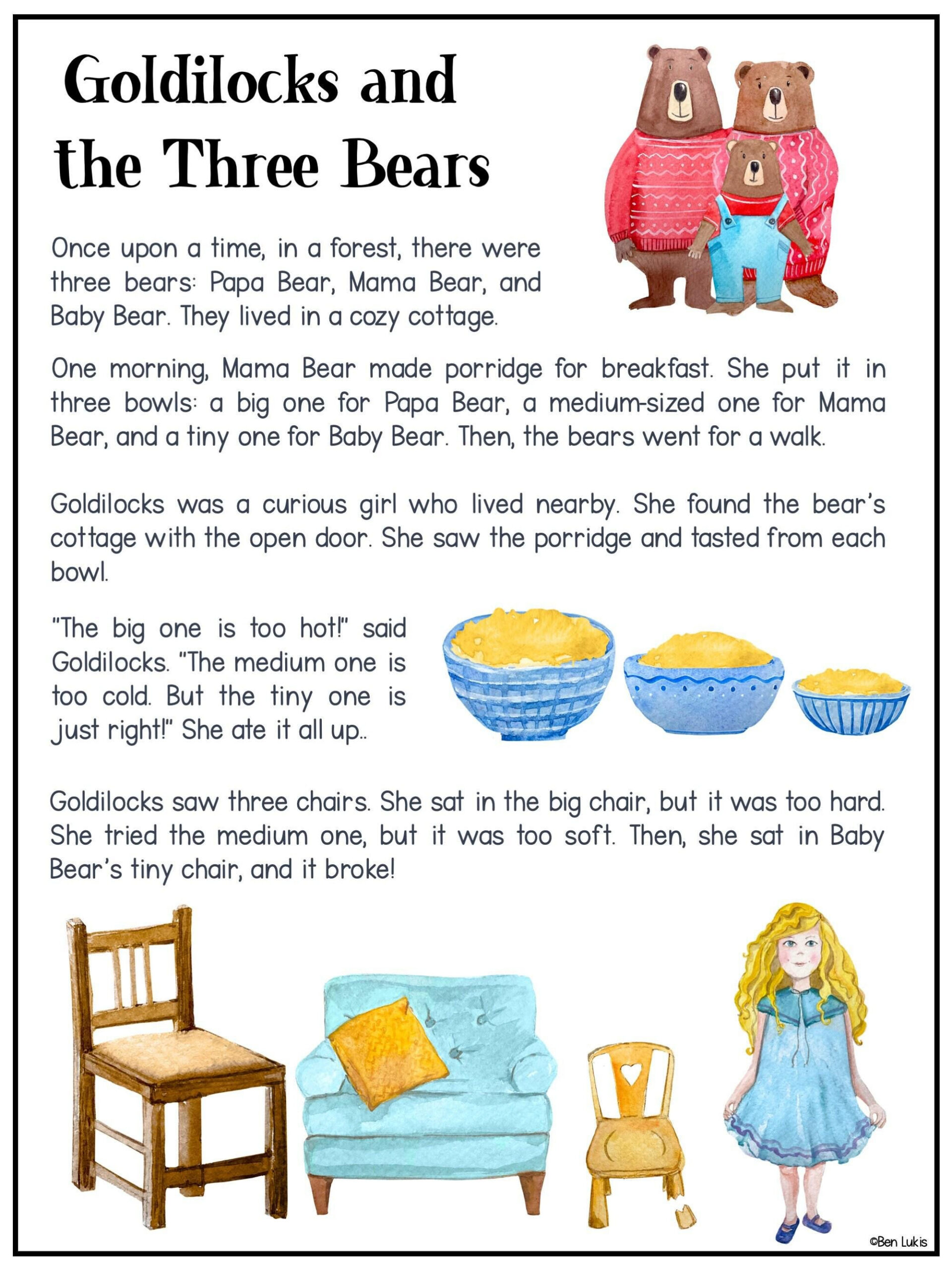 Goldilocks And The Three Bears Reading Passages, Fairy Tale To with Goldilocks And The Three Bears Short Story Printable