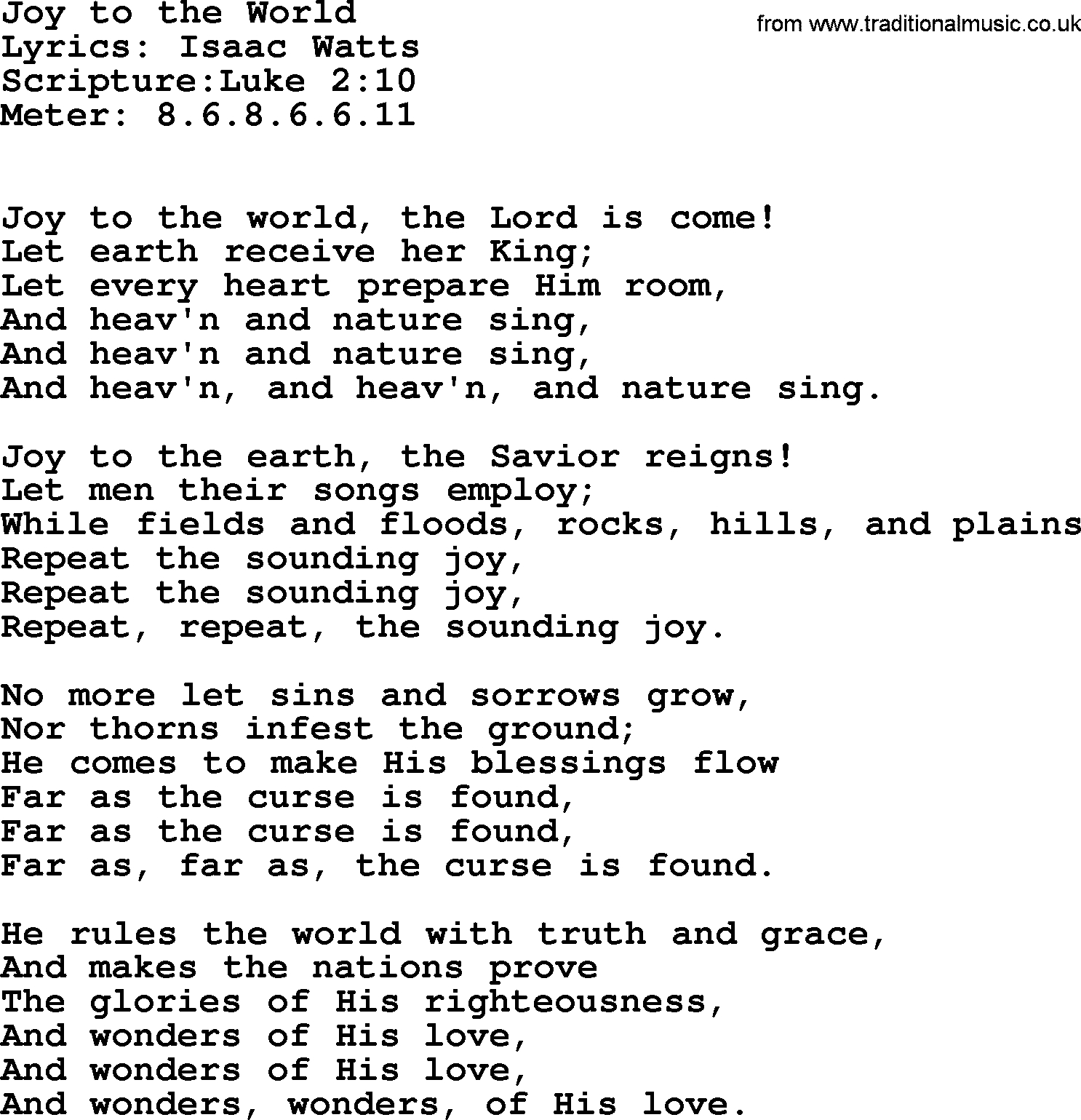 Good Old Hymns - Joy To The World - Lyrics, Sheetmusic, Midi, Mp3 in Printable Lyrics to Joy to the World