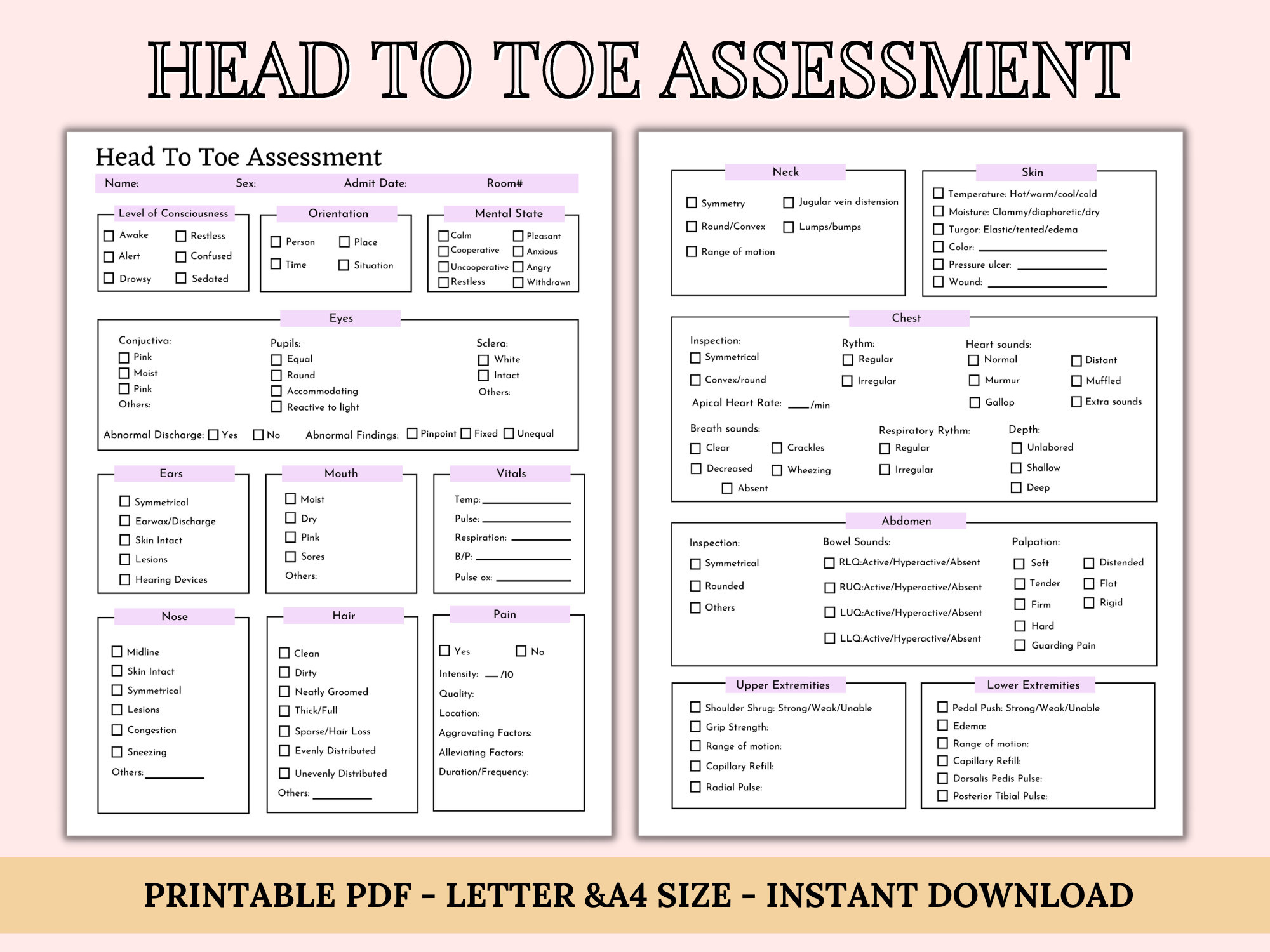 Head To Toe Assessment Template Nursing Checklist | Notizen Für for Head to Toe Assessment Checklist Printable