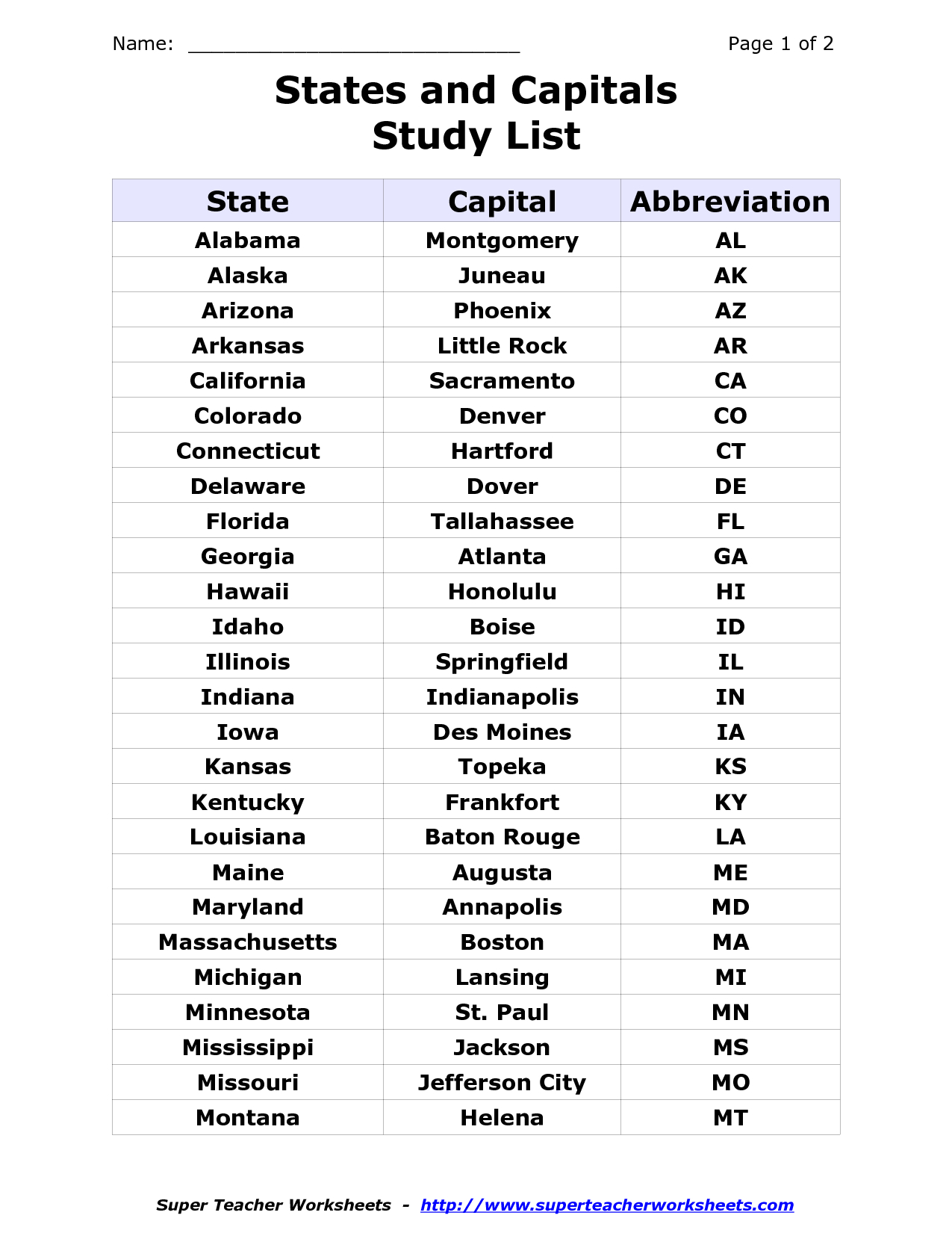 List Of States And Capitals And Abbreviations - Worksheets Library intended for Printable List of United States and Capitals