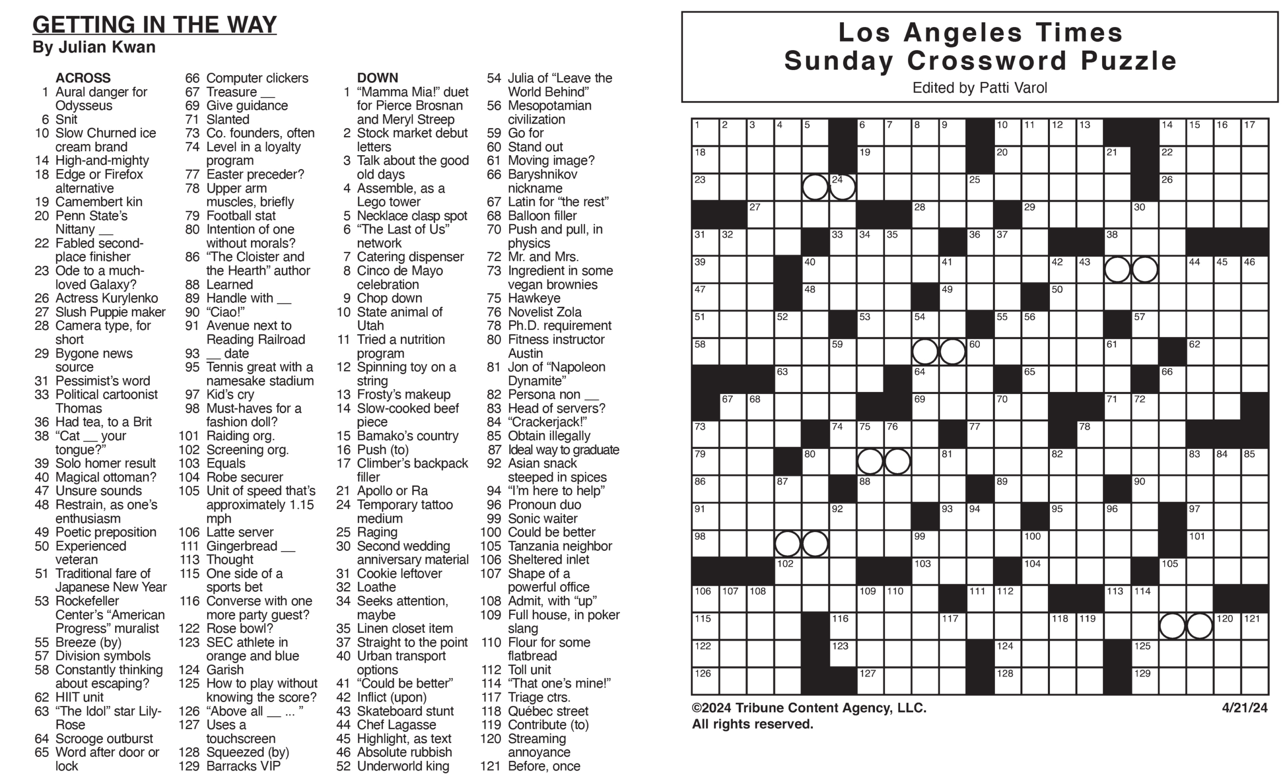 Los Angeles Times Sunday Crossword Puzzle | Tribune Content with regard to La Times Printable Crossword Puzzle