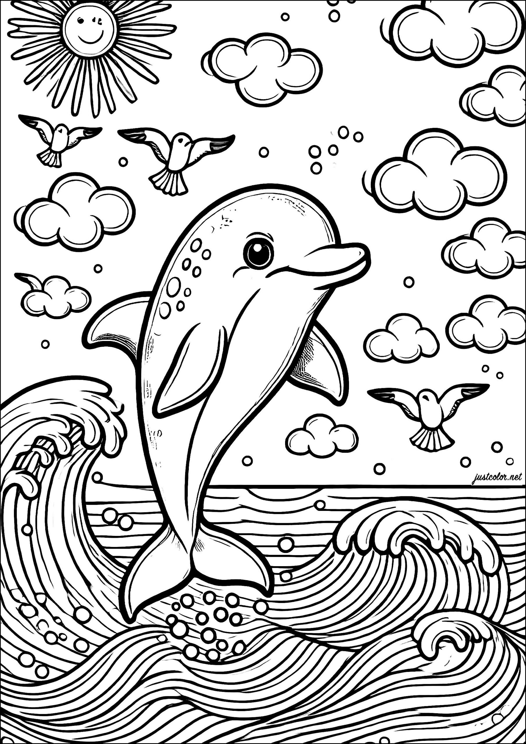 Magnificent Dolphin Emerging From The Ocean - Dolphin Coloring Pages inside Printable Picture of a Dolphin