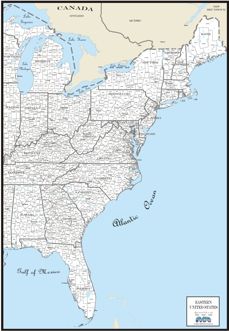 Map Custom East Coast Usa Region County Outline/County Names for Printable Map of East Coast of United States