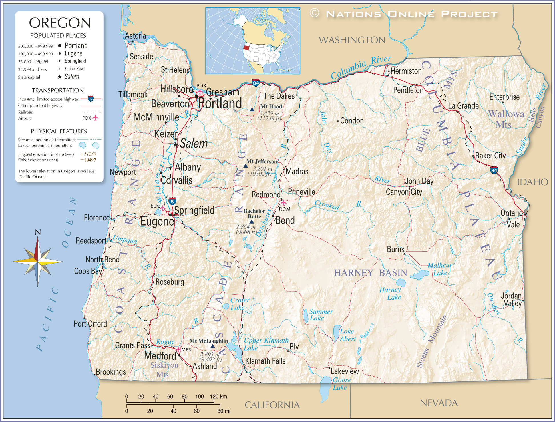 Map Of The State Of Oregon, Usa - Nations Online Project intended for Printable Oregon Map With Cities