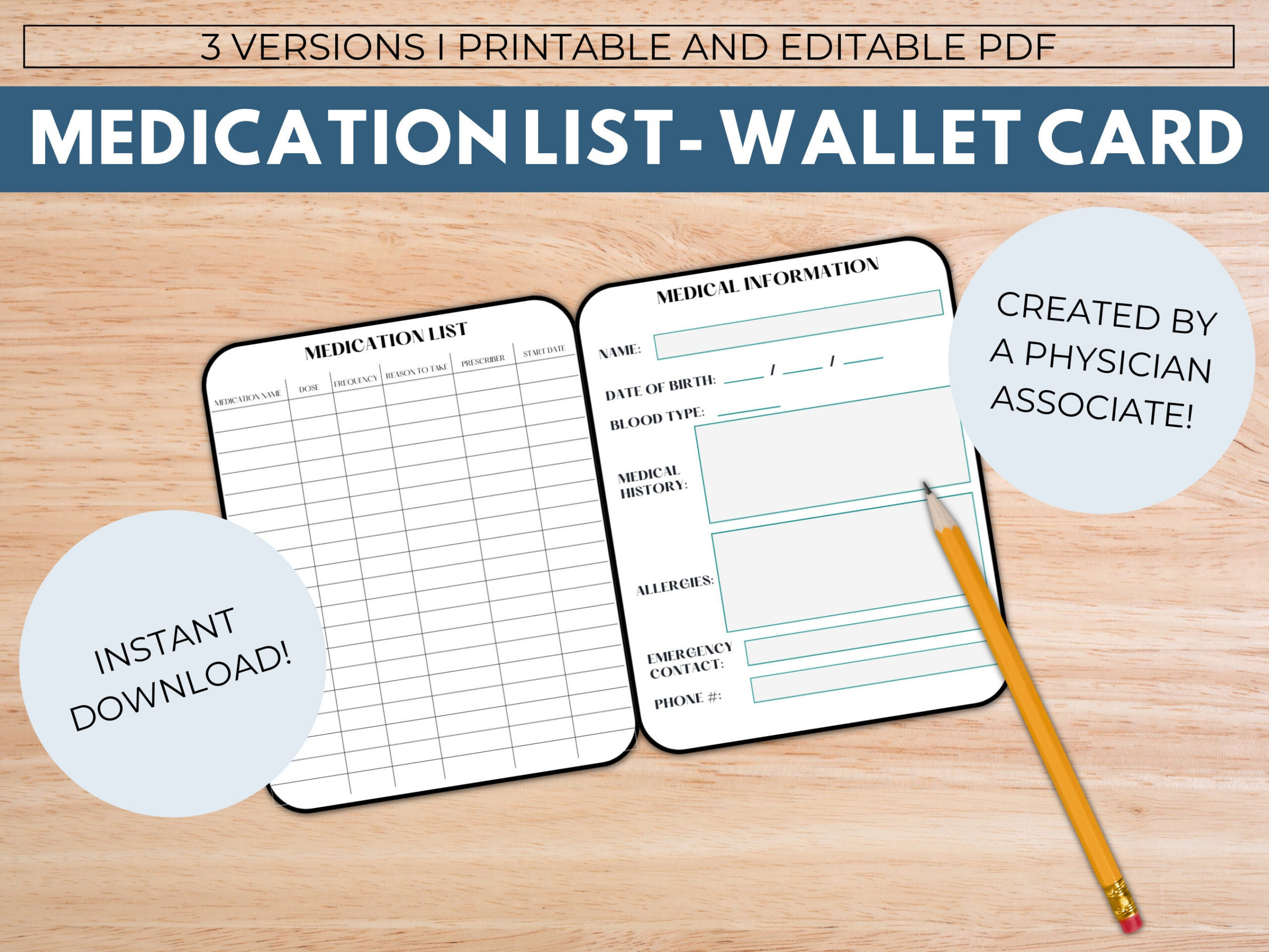 Medication List Wallet Card With Emergency Contact And Medical pertaining to Printable Medication List For Wallet