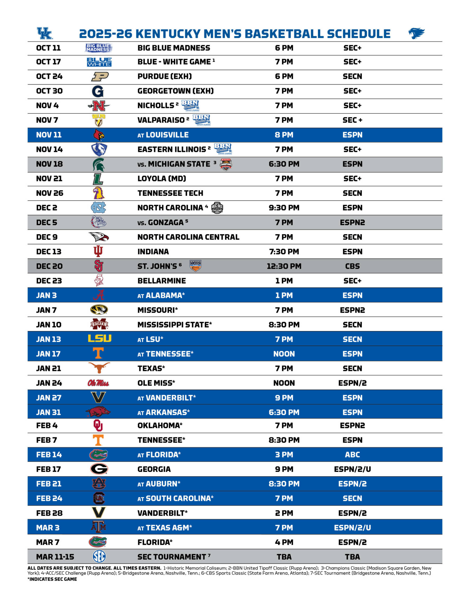 Men'S Basketball Announces 2025-26 Finalized Schedule inside Kentucky Wildcats Basketball Printable Schedule