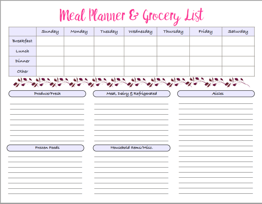 Menu & Grocery Printables within Printable Meal Planner with Shopping List