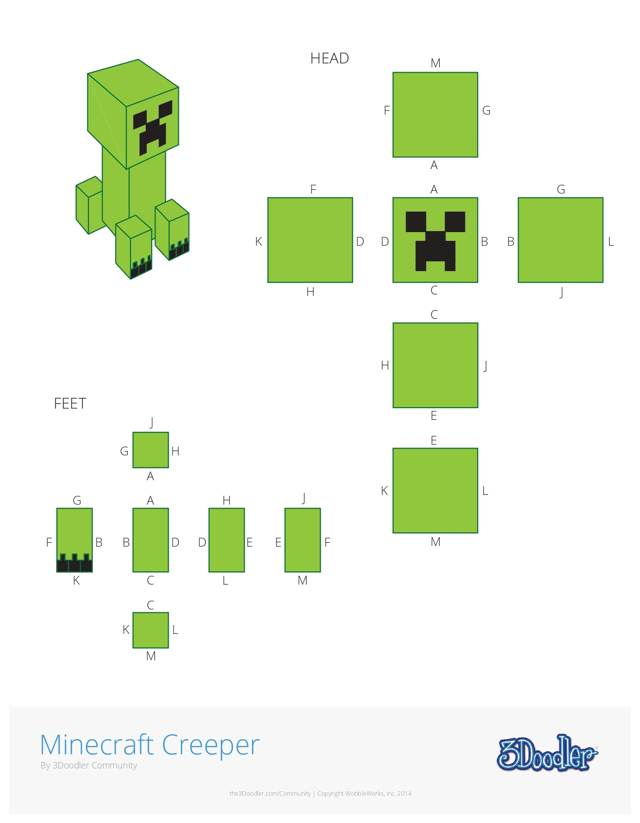 Minecraft Creeper 3D Pen Stencil - 3Doodler inside Free Printable 3D Pen Templates For Beginners