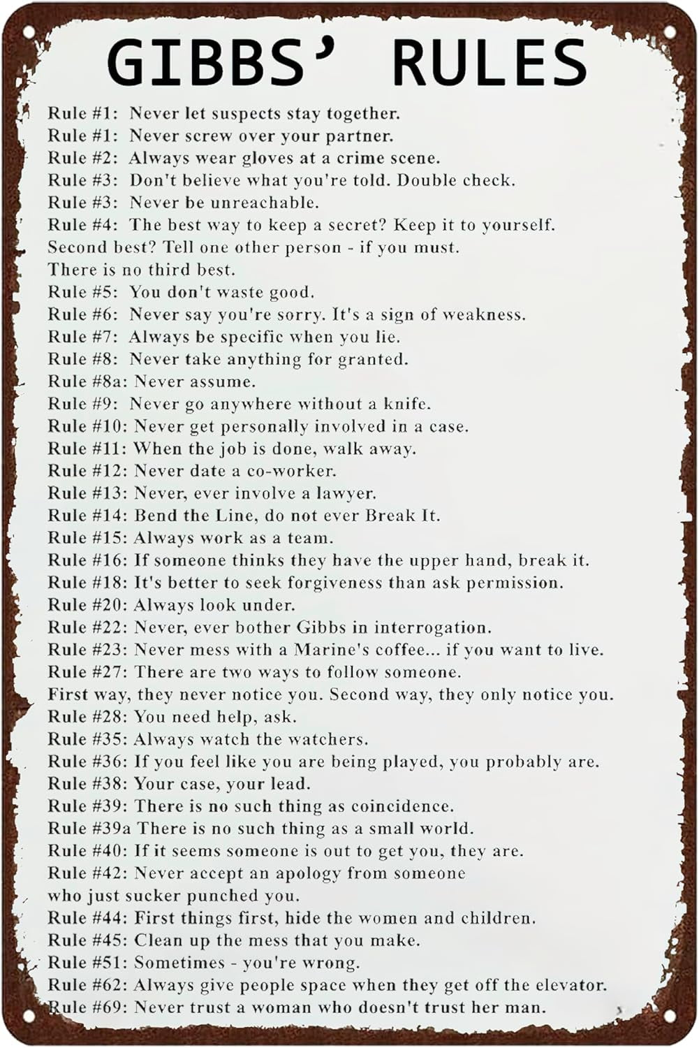 Ncis Gibbs Rules Leroy Jethro Gibbs Signature Funny 69 Rules Tin in Ncis Gibbs Rules Printable List