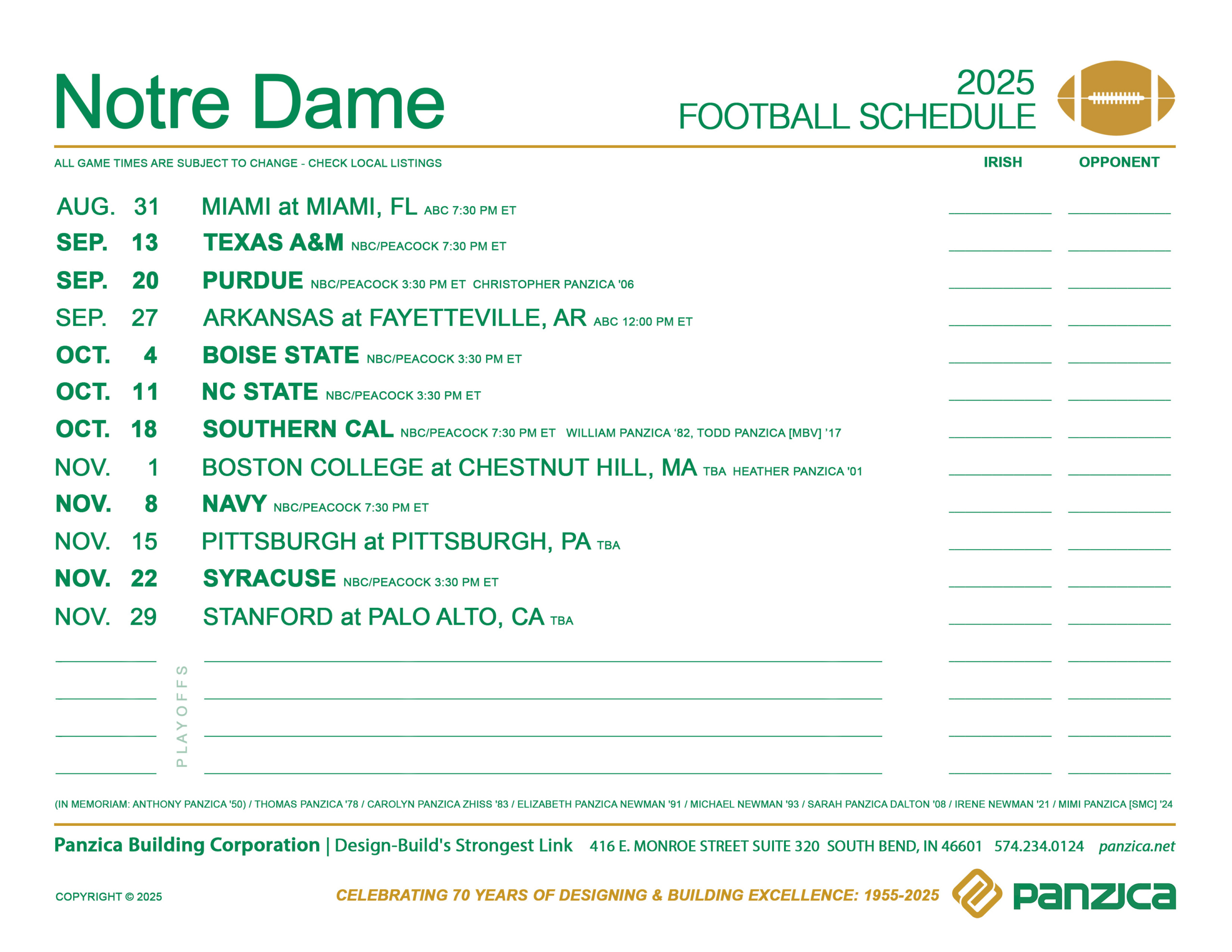 Notre Dame Football Schedule - Panzica Building Corporation pertaining to Notre Dame Football Schedule Printable