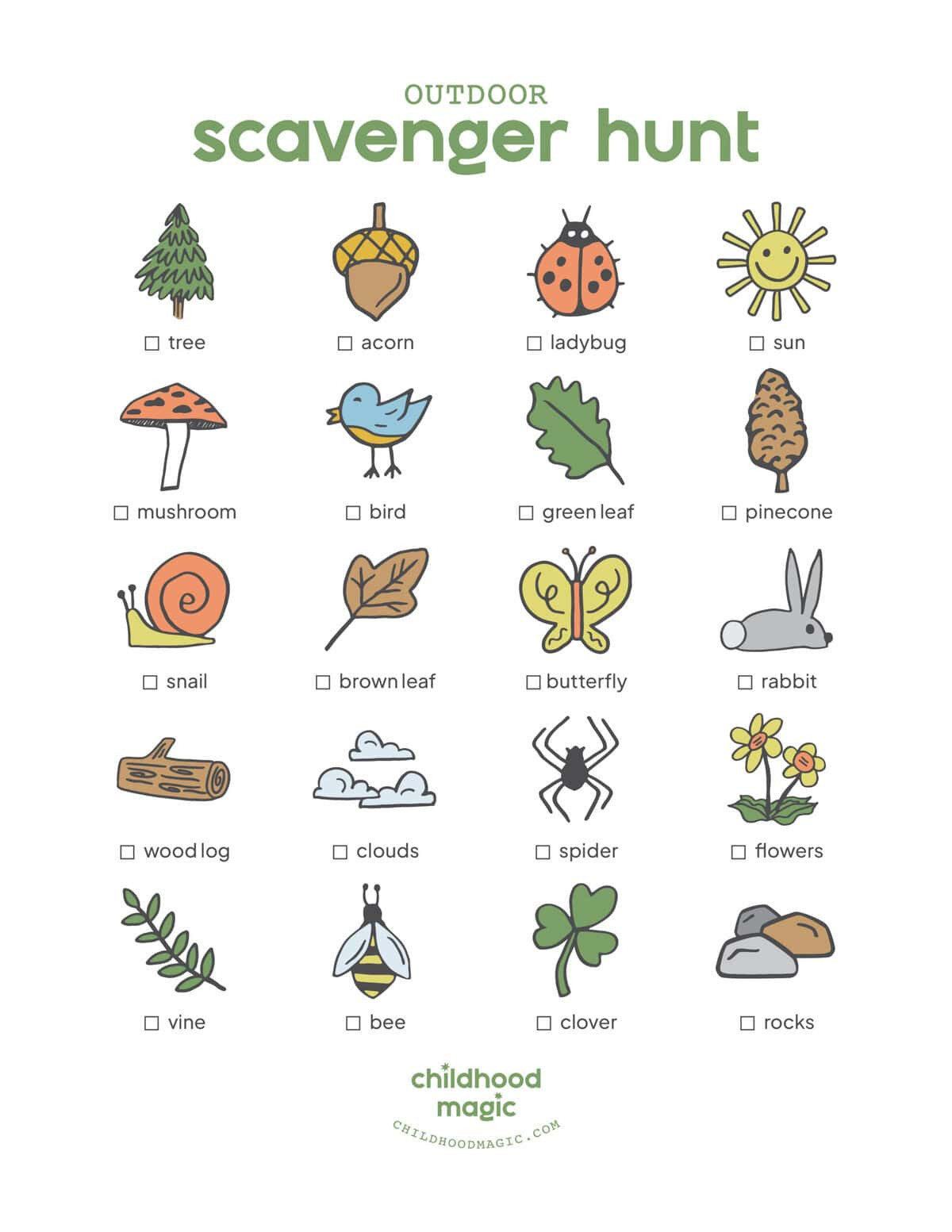 Outdoor Scavenger Hunt (Free Printable!) - Childhood Magic in Free Printable Scavenger Hunt For Kids