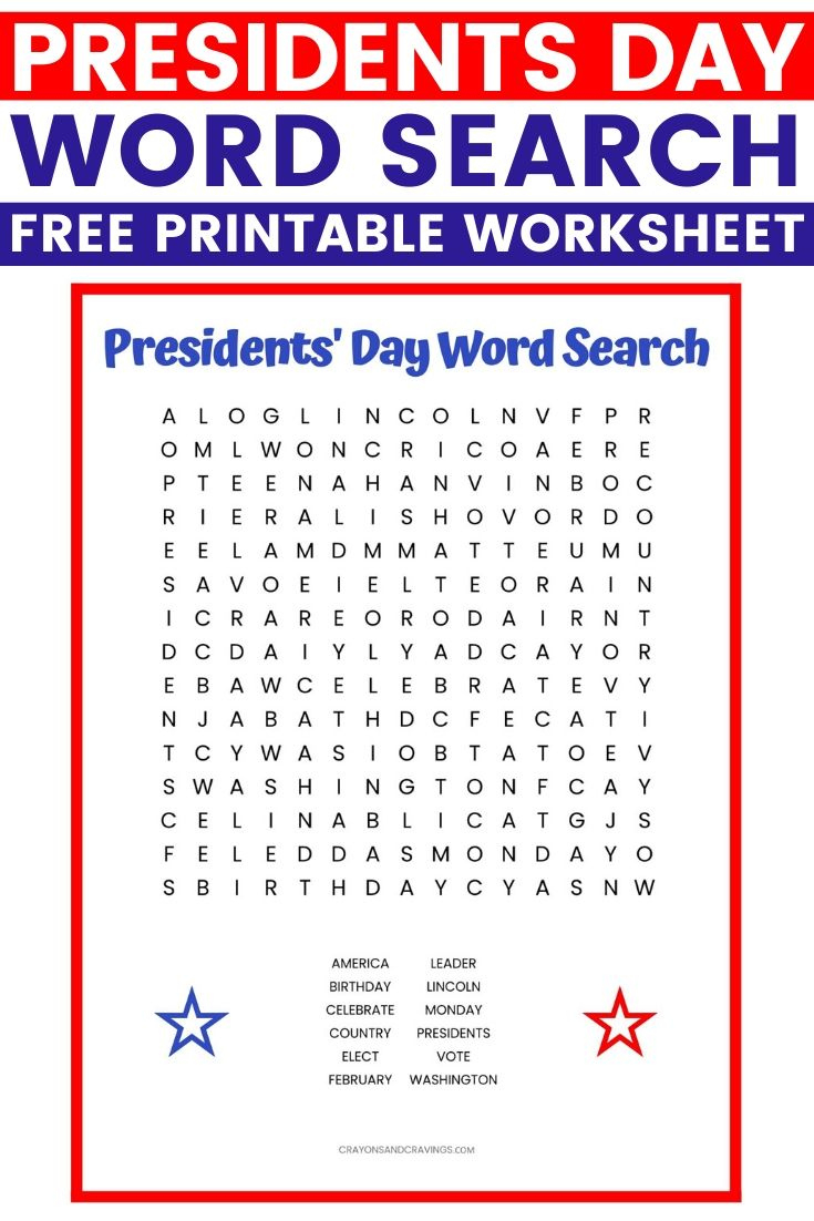 Presidents' Day Word Search Free Printable Worksheet regarding Presidents Day Word Search Printable
