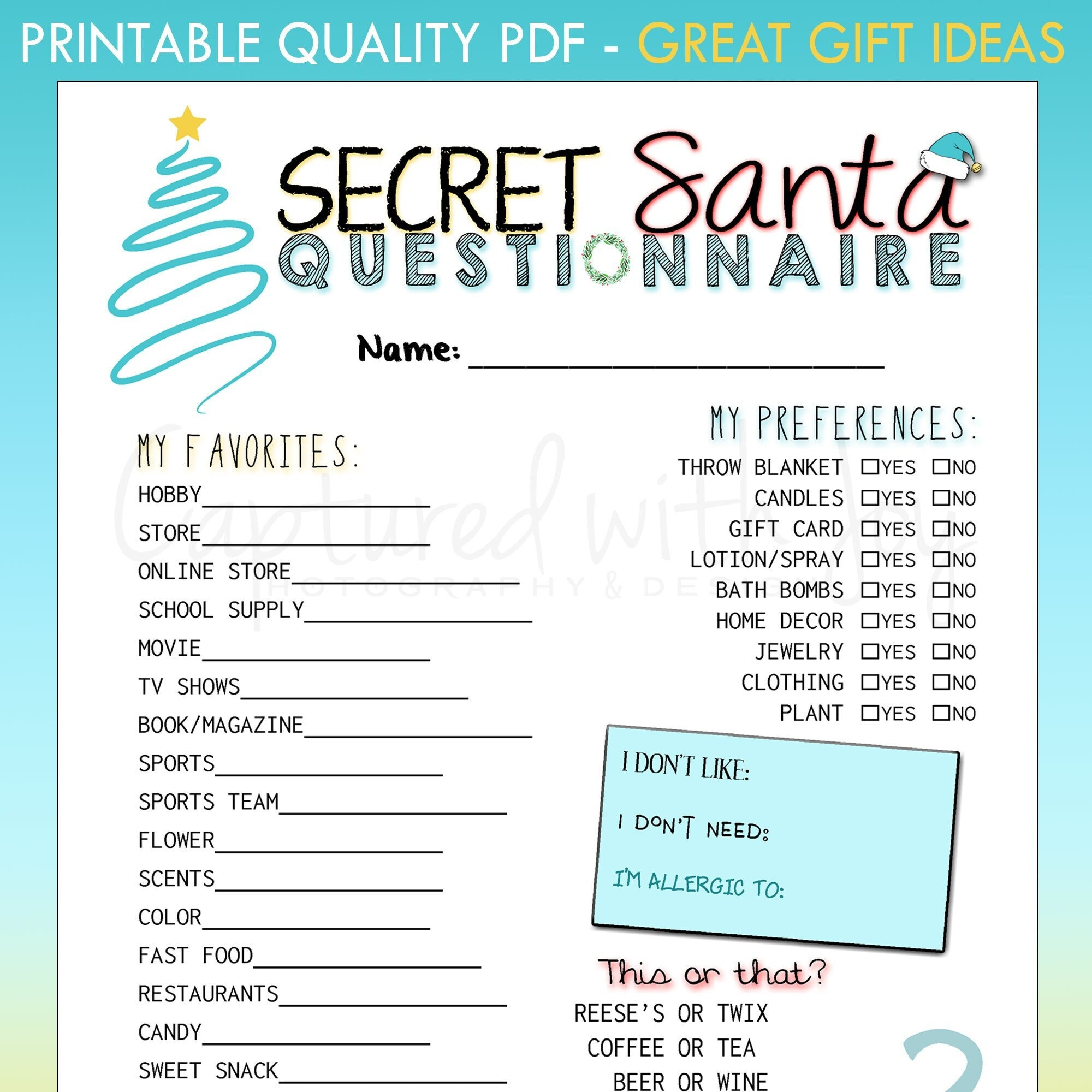 Printable Secret Santa Questionnaire For Gift Exchange (Work Or with regard to Secret Santa Questionnaire For Coworkers Printable