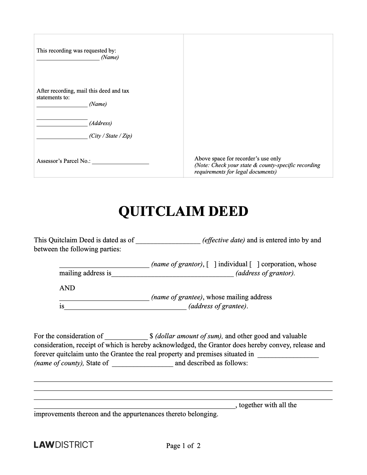 Quitclaim Deed For All Us States | Pdf &amp;amp; Sample | Lawdistrict intended for Free Printable Quit Claim Deed