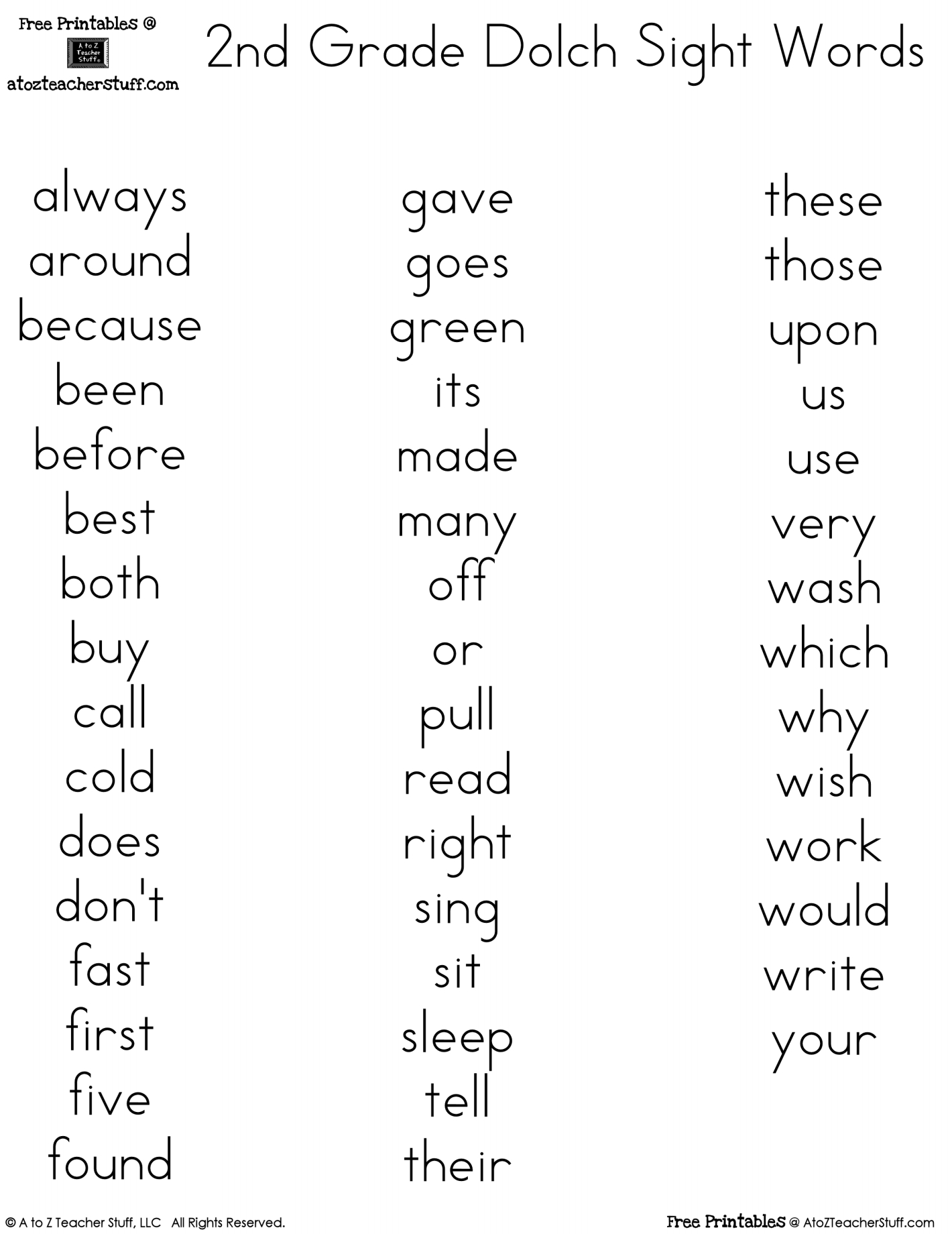Second Grade Dolch Sight Word Printables | A To Z Teacher Stuff throughout Free Printable 2Nd Grade Sight Words